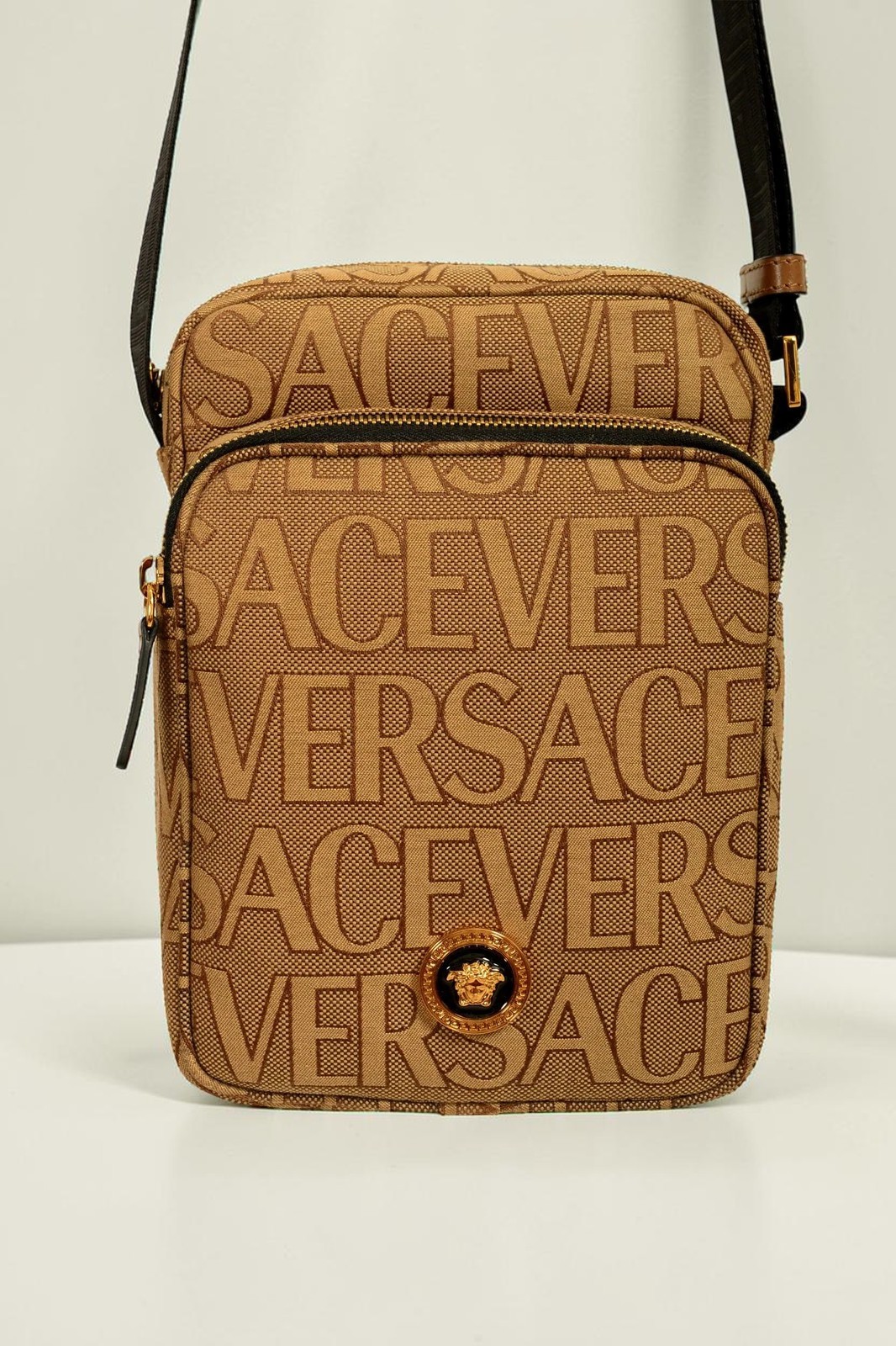 New Versace Gold Medusa Logo Print Crossbody Shoulder Bag Canvas Unisex