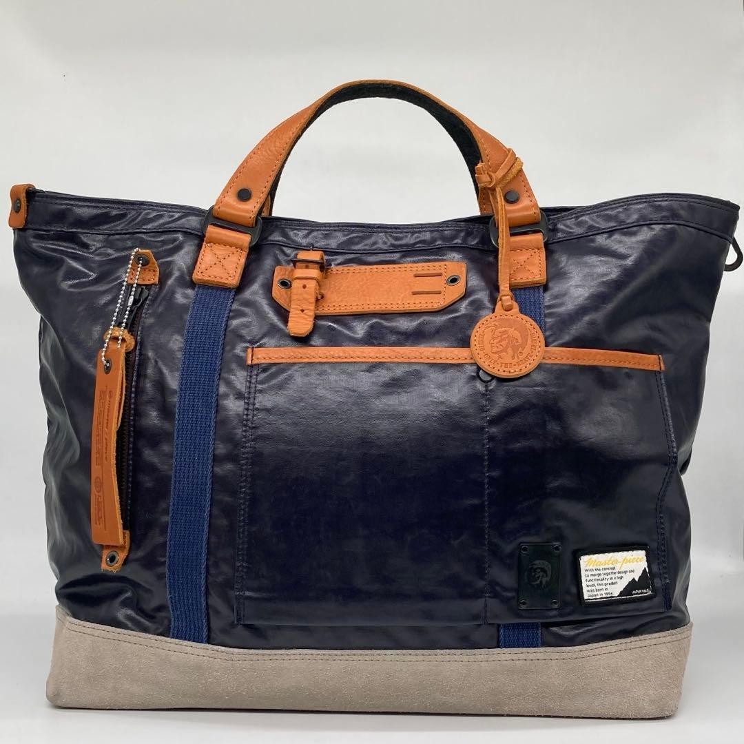 Master-Piece Navy Leather Tote Bag Men Unisex Travel Business