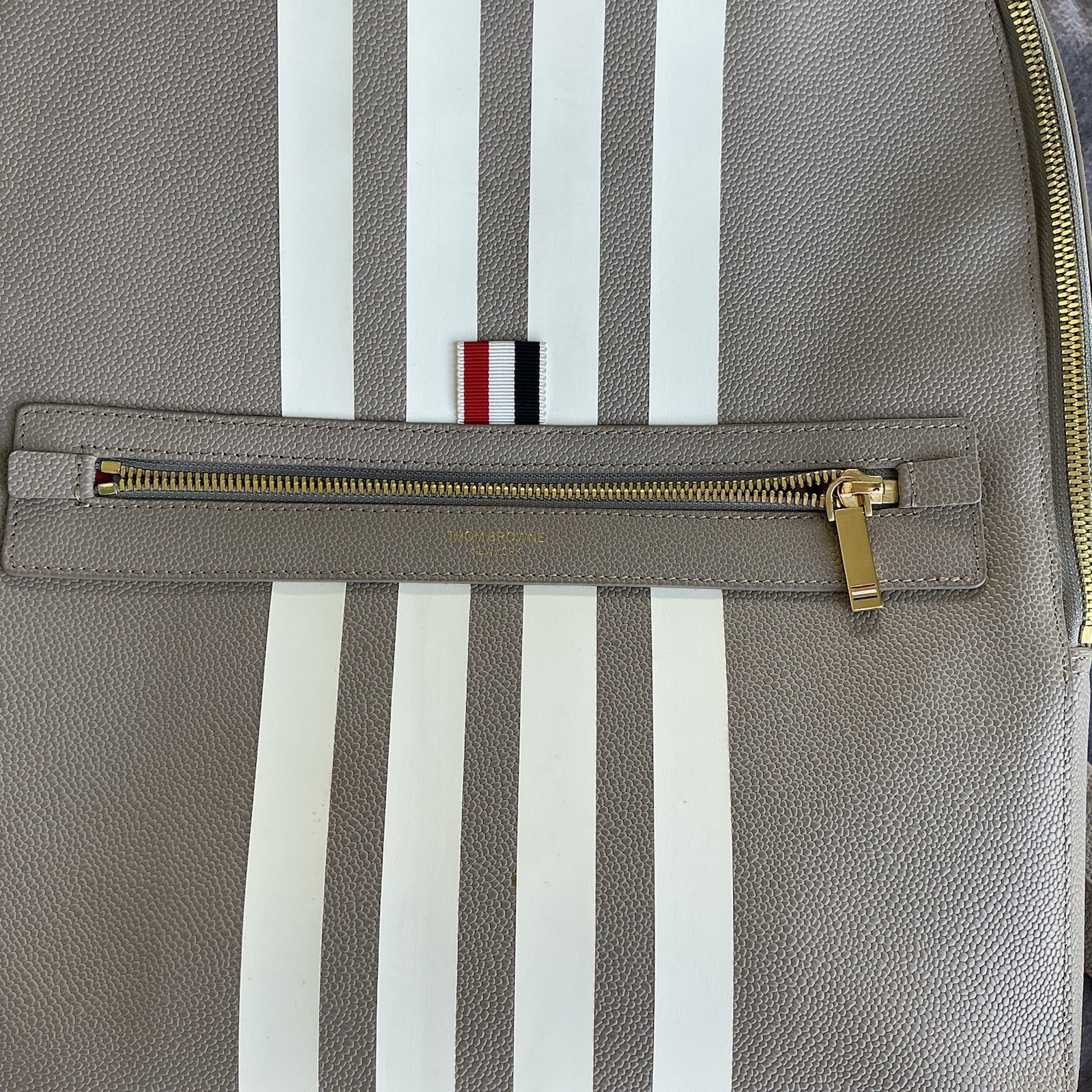 Thom Browne Gray/White Striped Zip Backpack Gold Hardware Dust Bag Pockets