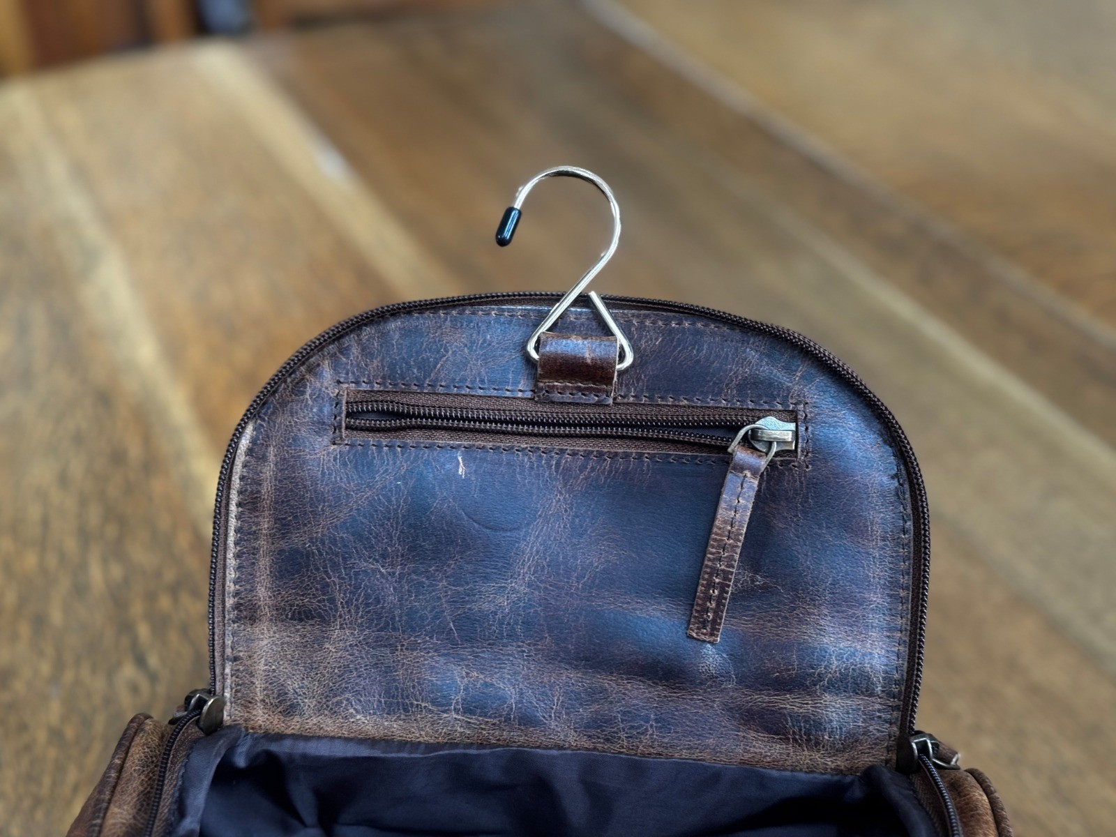 Medium size Grain Leather Dopp Kit Shaving Toiletry Travel Bag Dark Brown