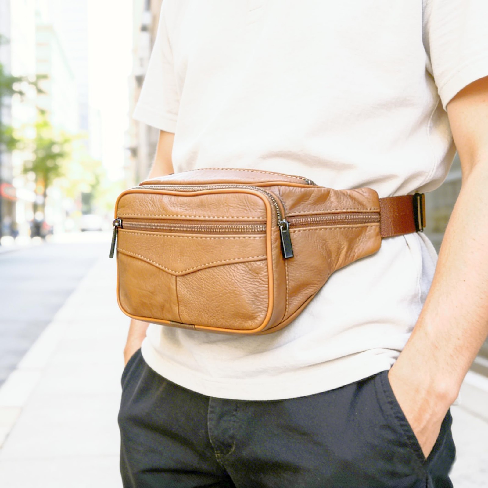 large 6 Pockets Leather Fanny Pack Travel XX-Large, Light brown 2025 model