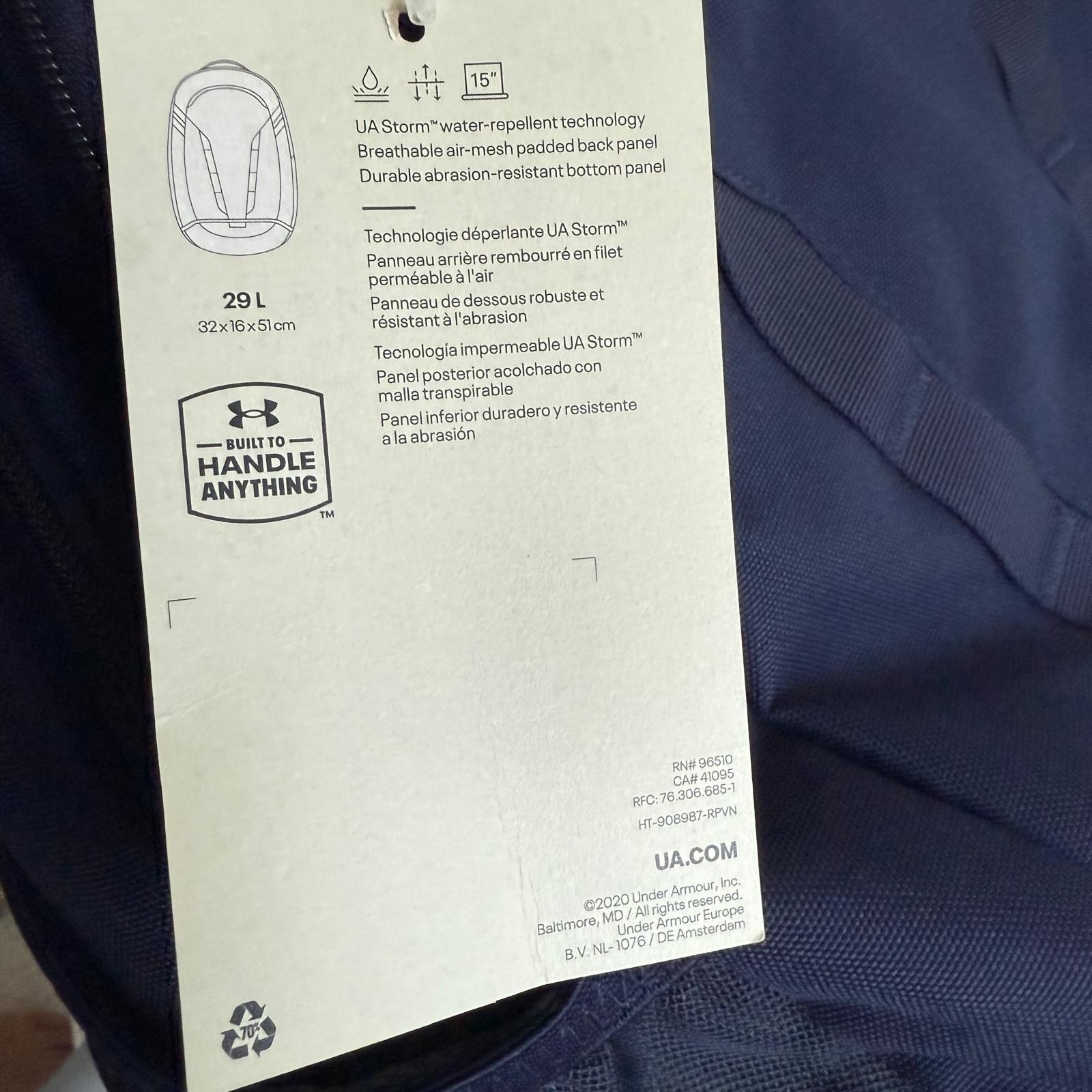 Under Armour UA Hustle 5.0 Storm Backpack Navy Blue Metallic Bag Laptop TSB