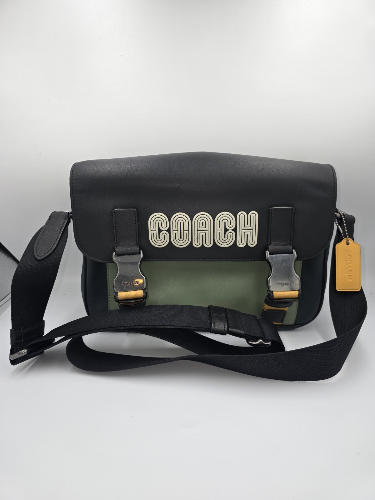COACH C6657 Unisex Track Shoulder Crossbody Bag Colorblock Green Black Leather