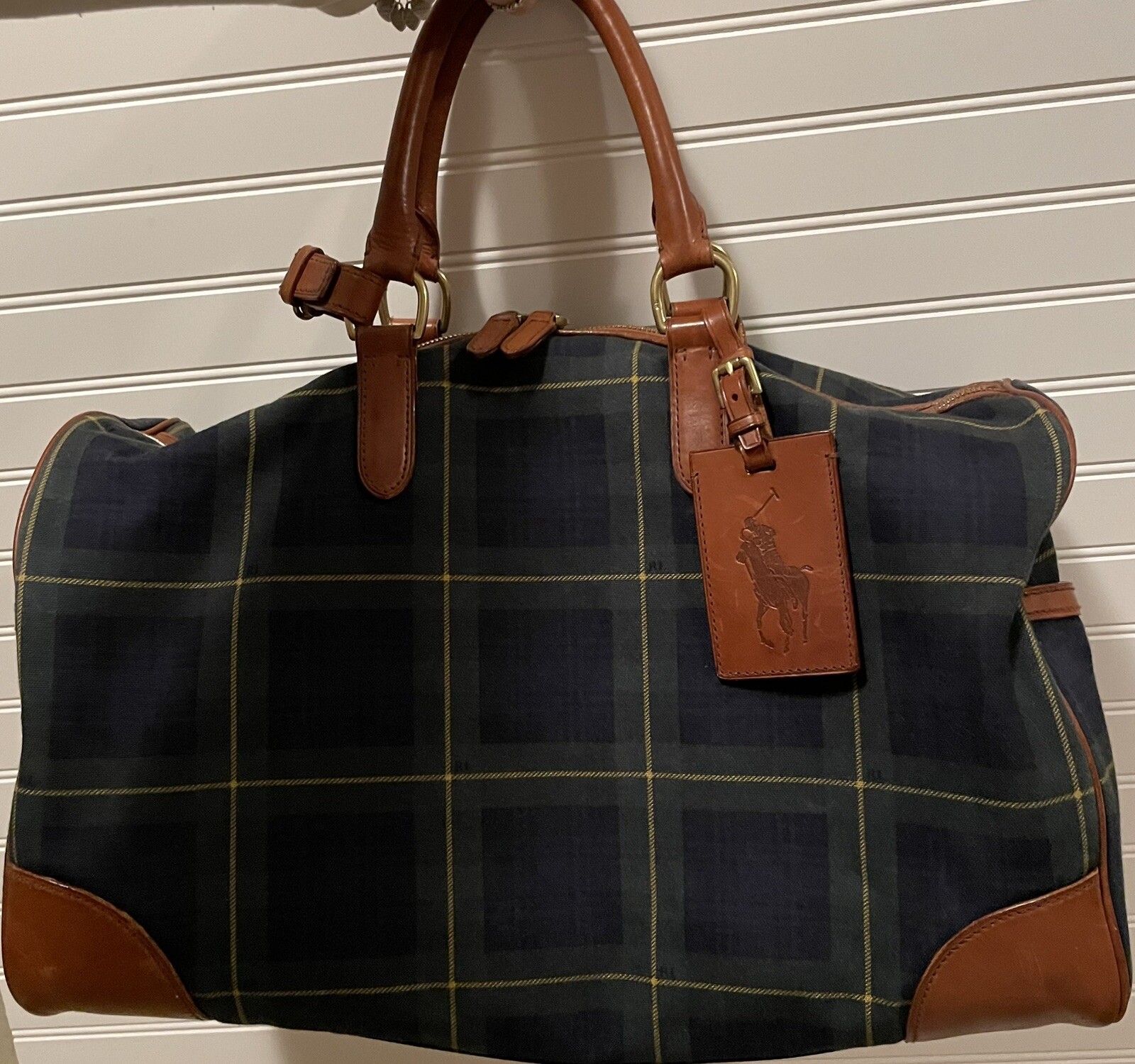 Ralph Lauren Duffel Tote Bag Traditional Blue Green Tartan Strap 20 X 11 X 9