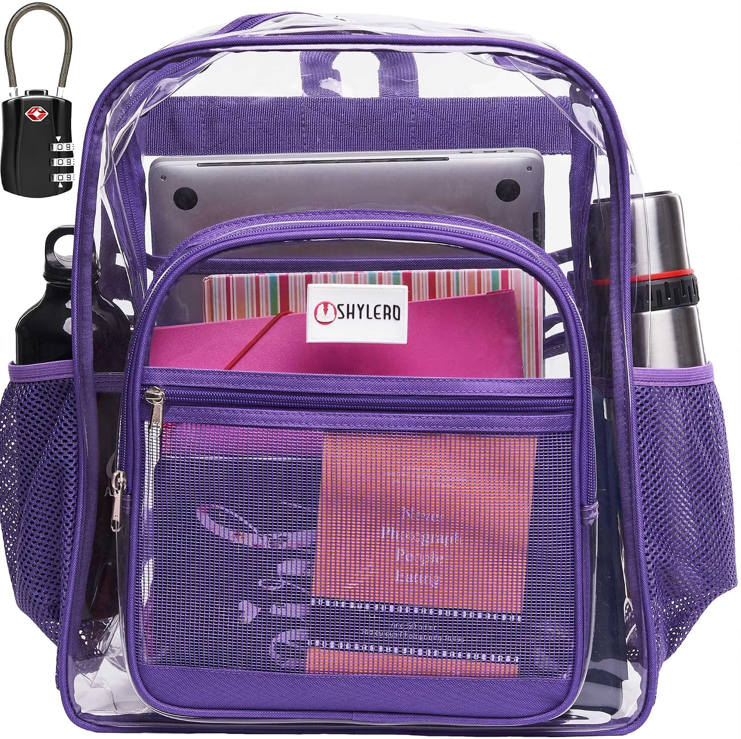 Clear Backpack Heavy Duty XL – H18”Xw14”Xd8. Has TSA Lock – Purple | PVC Trans