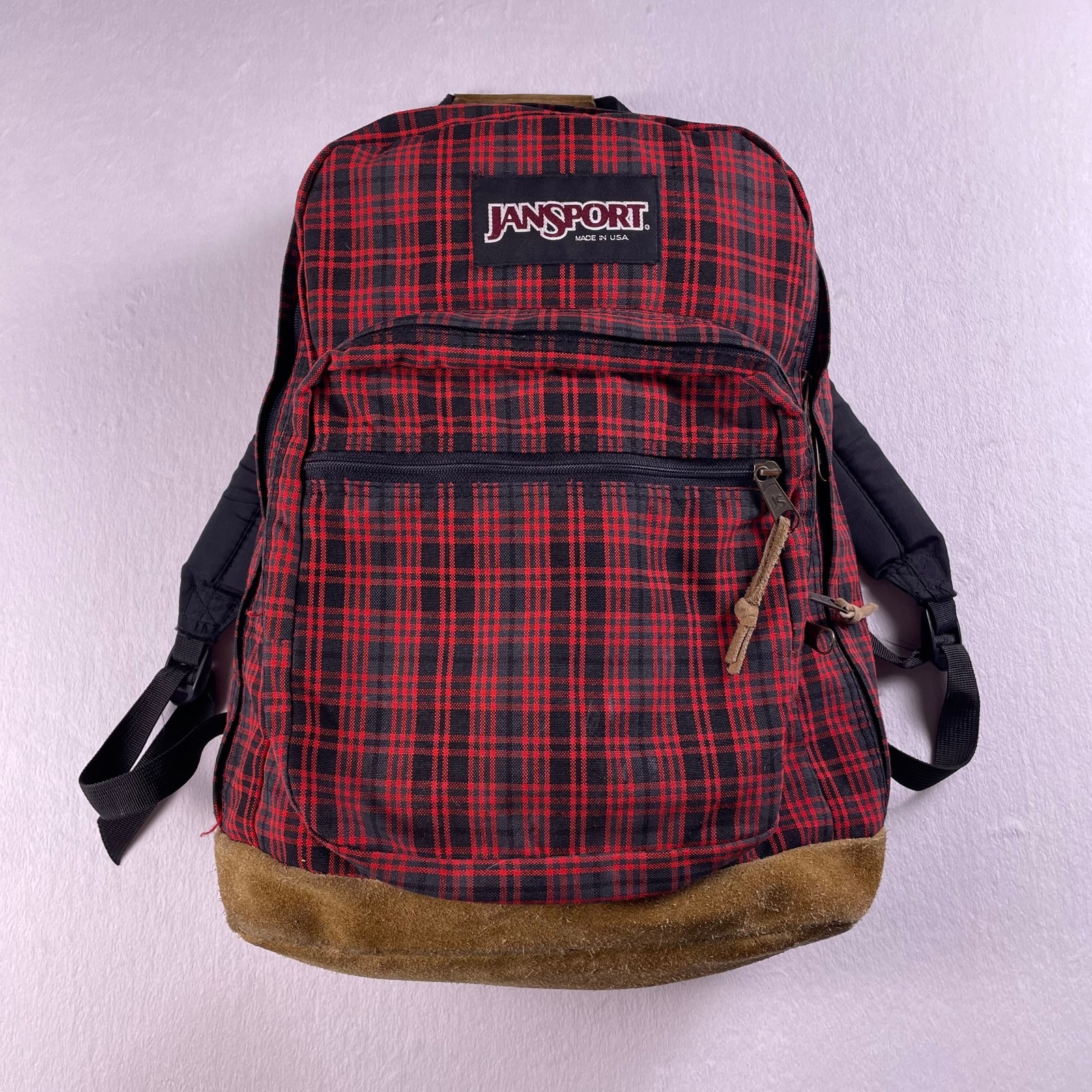 Vtg JanSport Backpack Red Black Plaid Made USA Leather Bottom School Bag