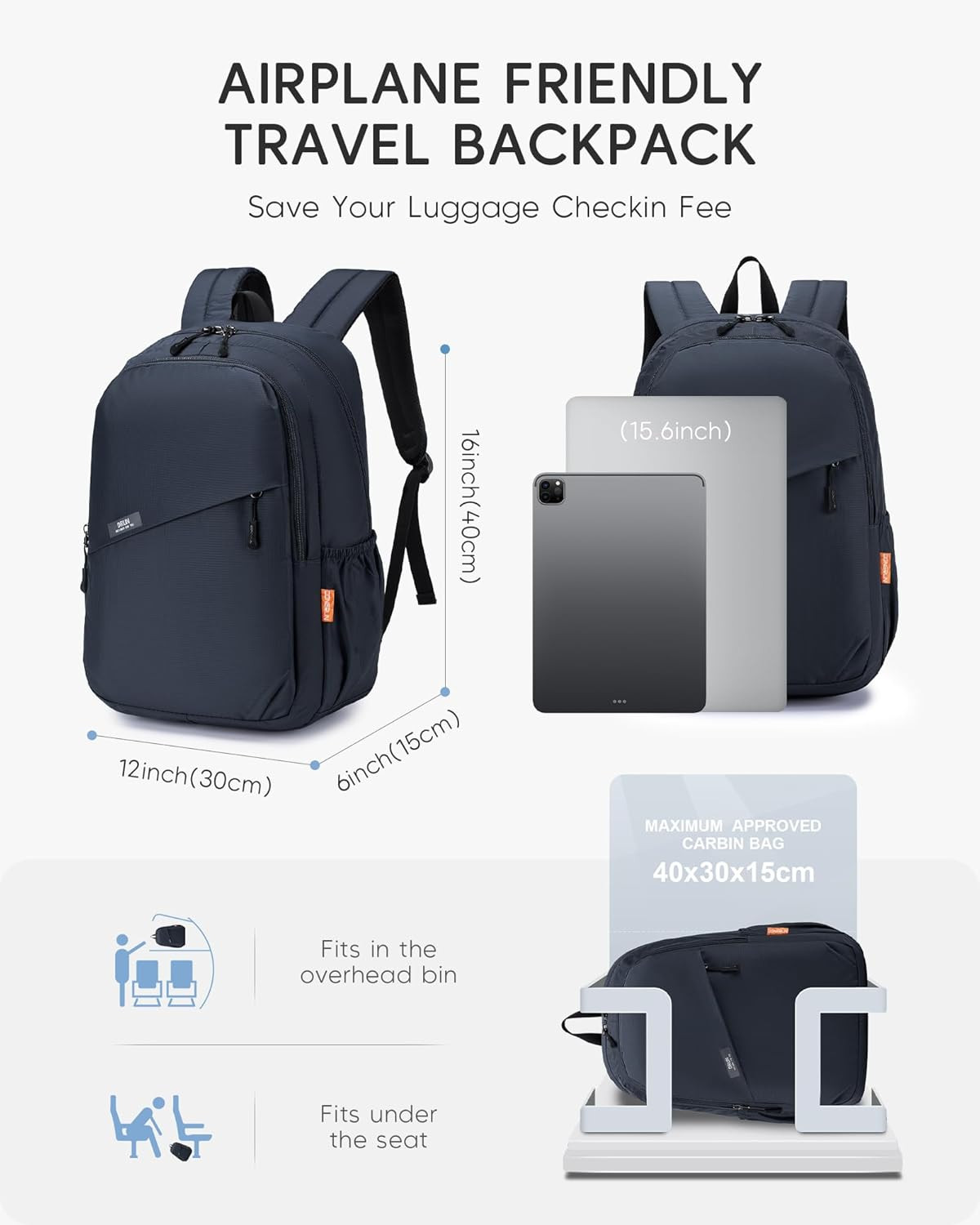 40X30X15Cm Personal Item Bag Lightweight Foldable Travel Backpack Carry on Fligh