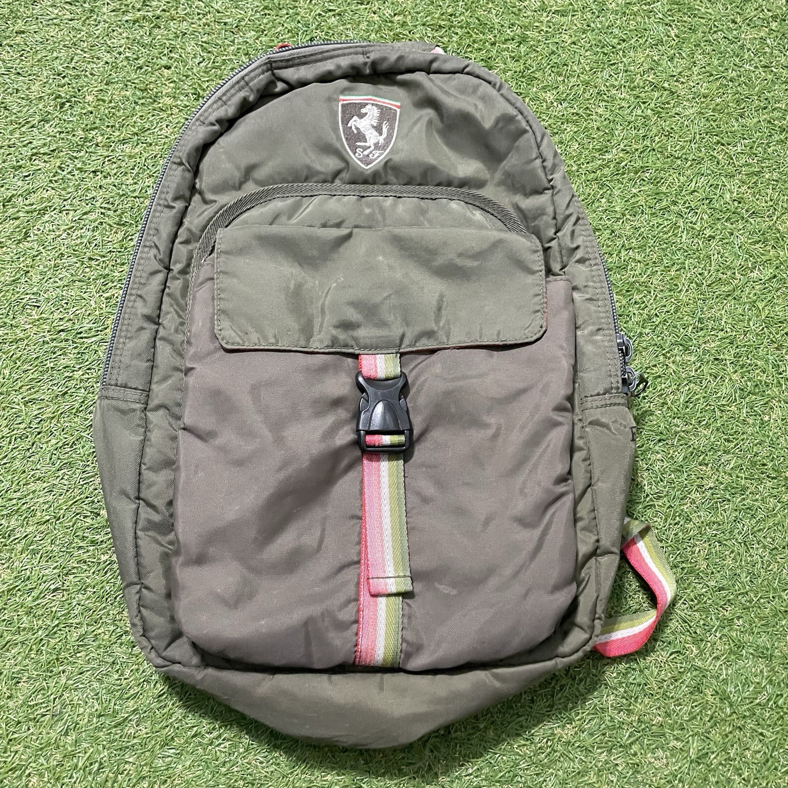 Vintage Ferrari Official Product Nylon Backpack Pockets Clean Olive Green Nylon