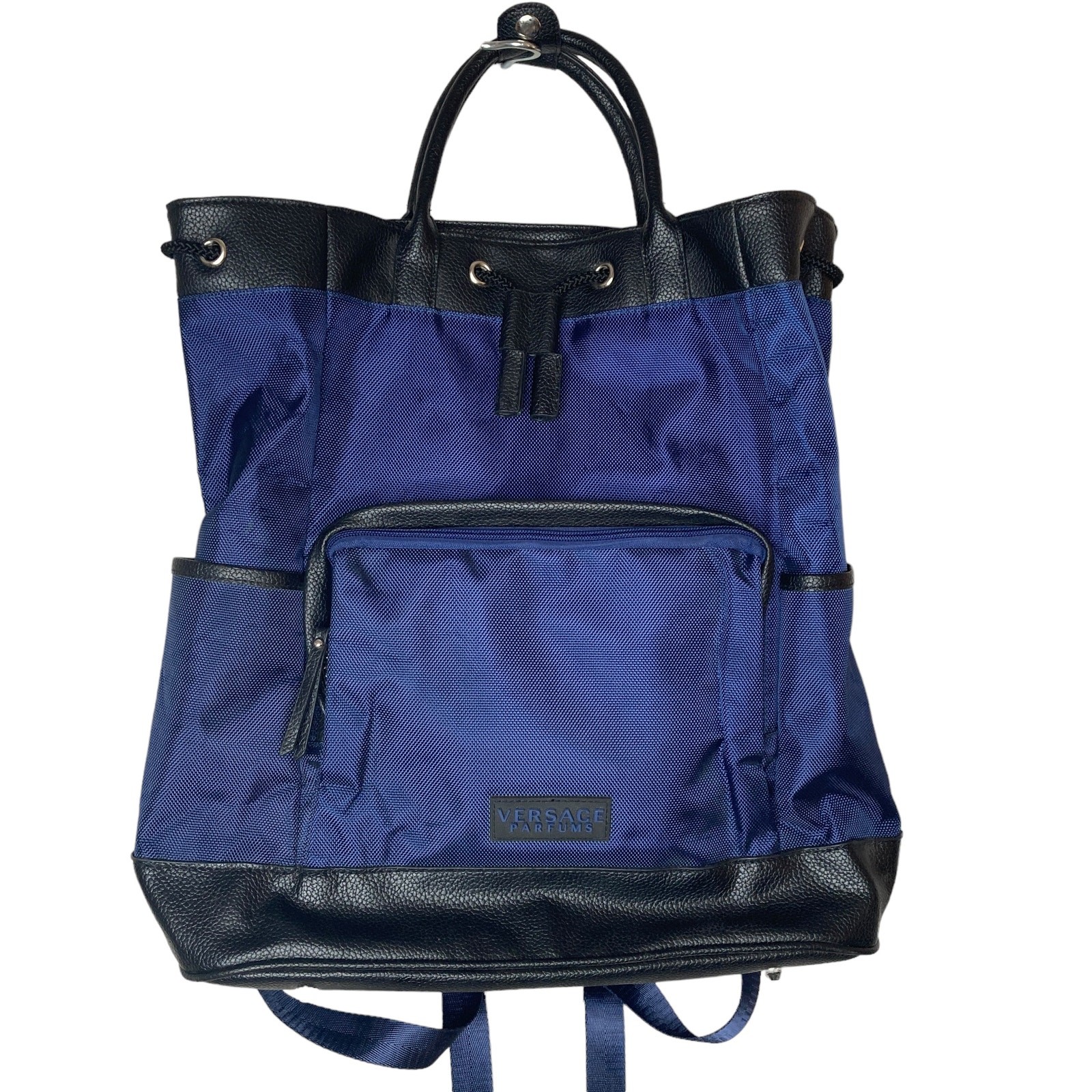 Versace Parfums Mens Back Pack Blue Nylon Leather New COA 16.5×16