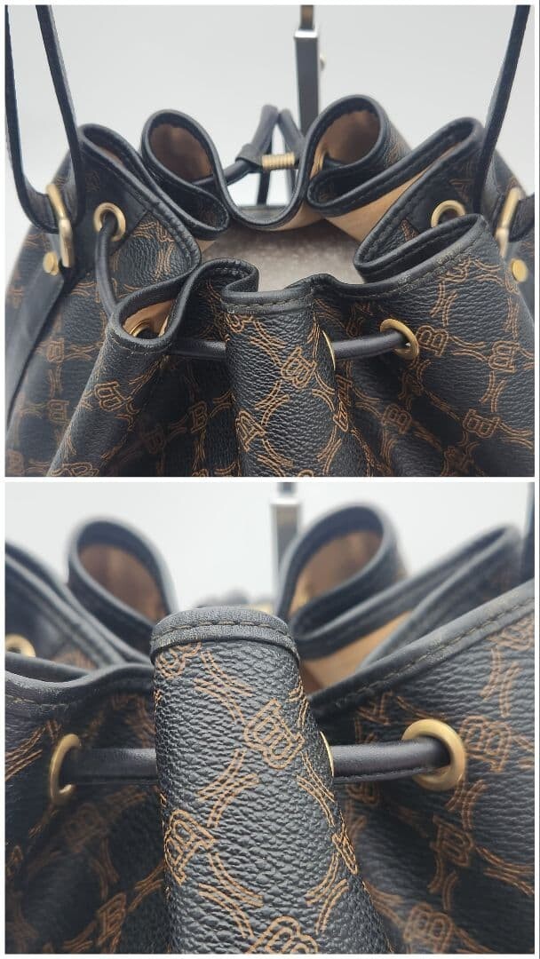Bally Monogram Drawstring Backpack 2Way Black PVC Leather Gold Tone 2 Zipper Bag