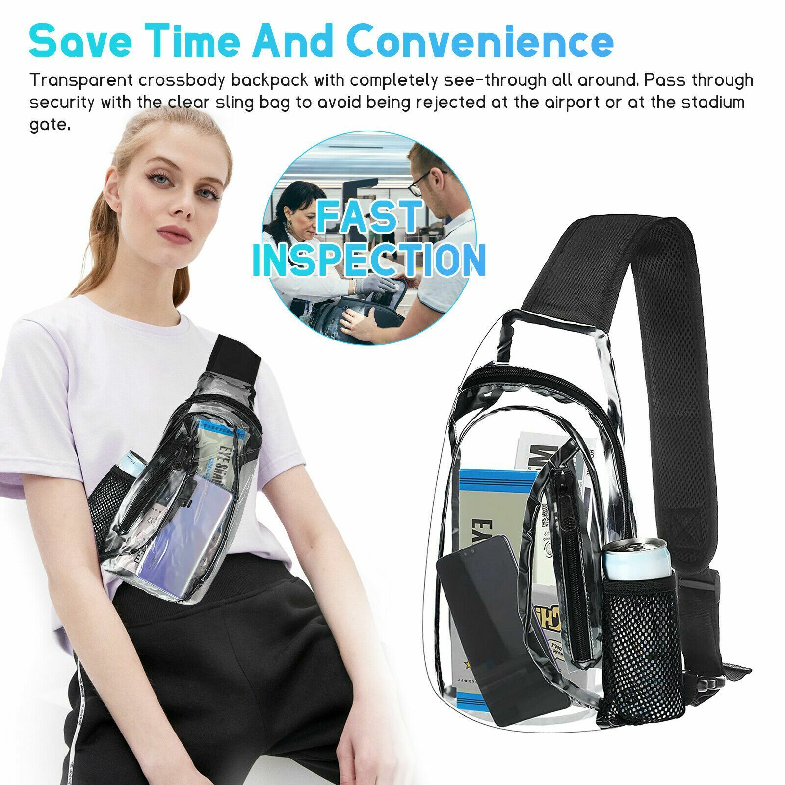 Clear Zip Sling Bag Transparent Stadium Shoulder Crossbody Adjustable Backpack