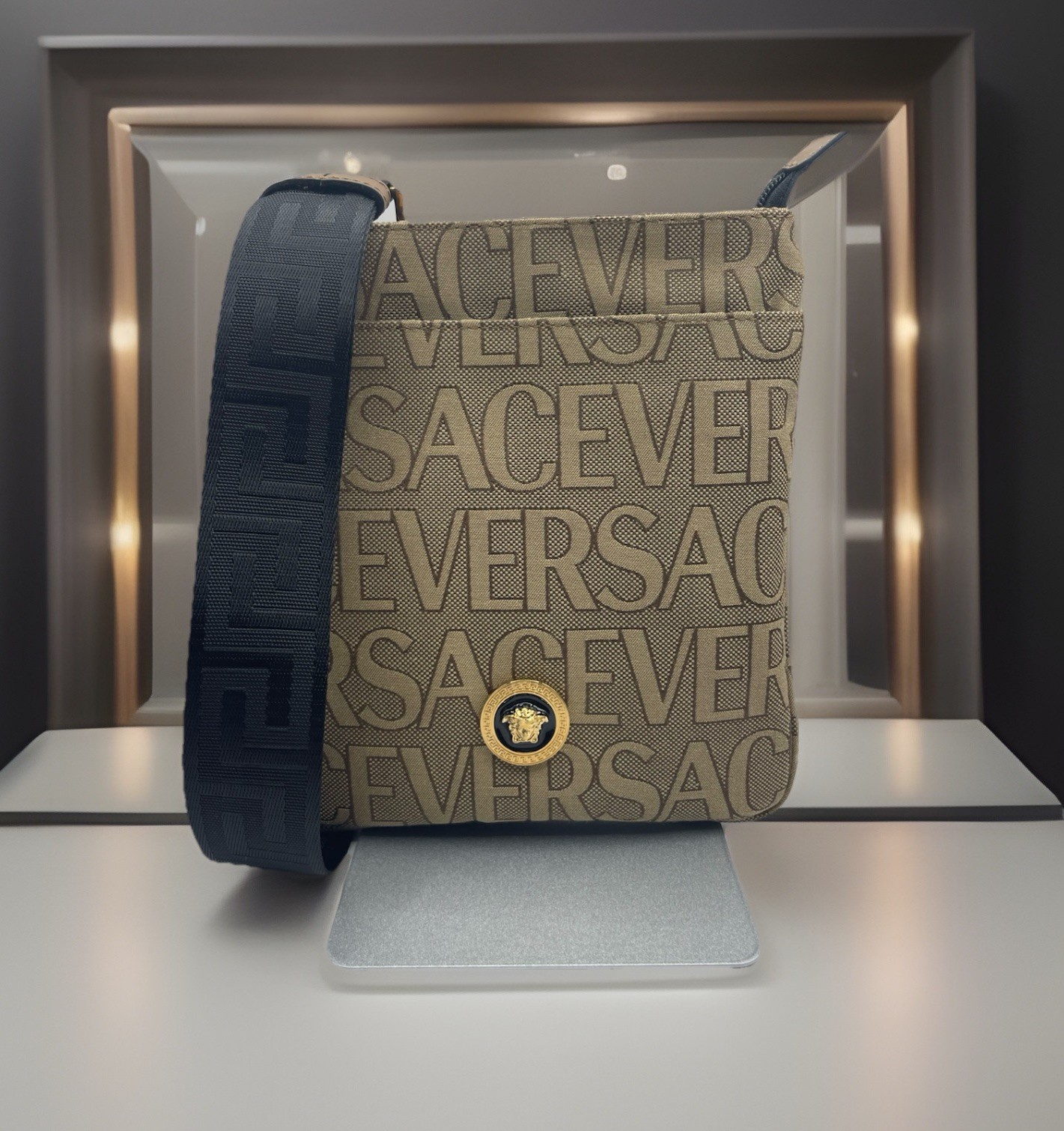 Versace 1020745 La Medusa Canvas Fabric Logo Crossbody All over Bag $850
