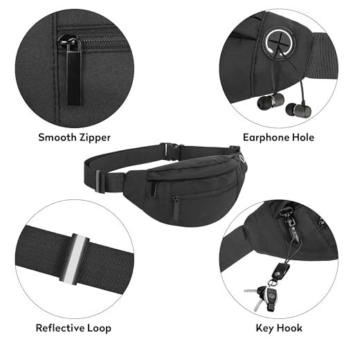 Large Waist Bag With 4-Zipper Pockets-Fanny Pack 4-Zipper Black Large 4-zipper