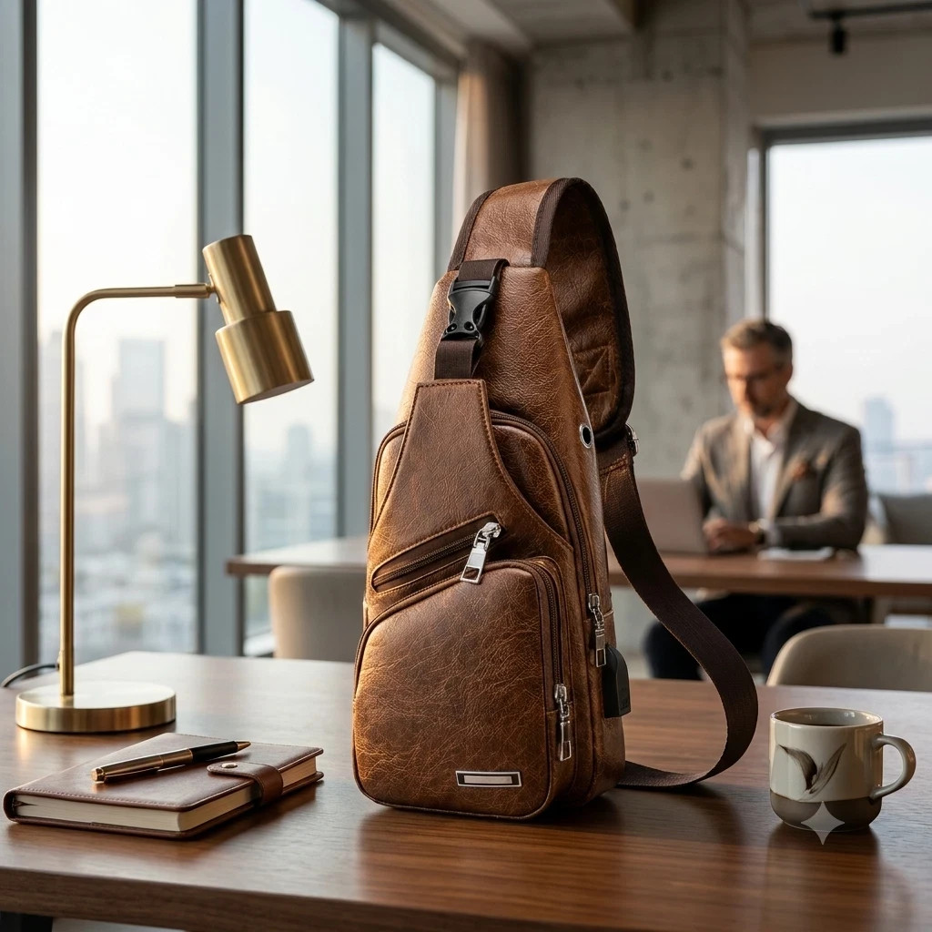 Brown Chest Crossbody Bag Sling Backpack for Men with USB Charge Port