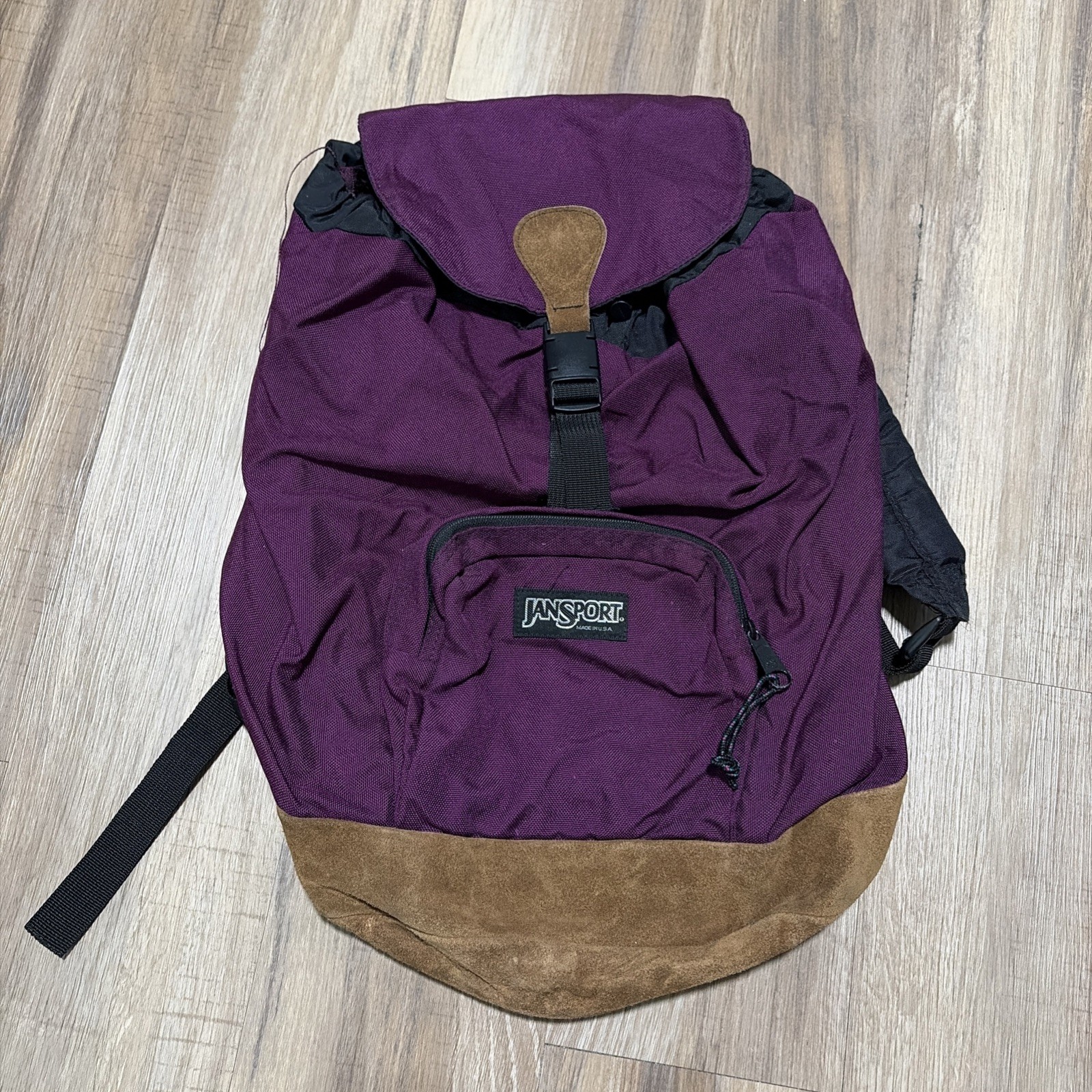 VINTAGE Jansport Backpack Purple Leather Bottom USA Made 90s Bag School Travel