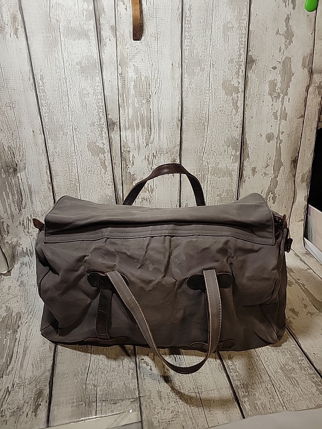 S-ZONE Distressed Gray Canvas Duffle Bag Brown Leather Trim Travel Bag NO STRAP