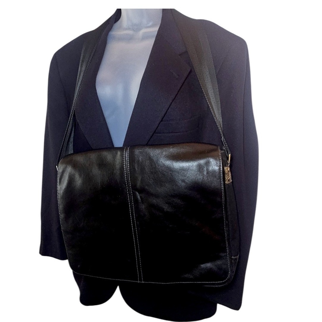 Boconi Black Leather Messenger Bag Briefcase Crossbody Laptop Satchel Work Bag
