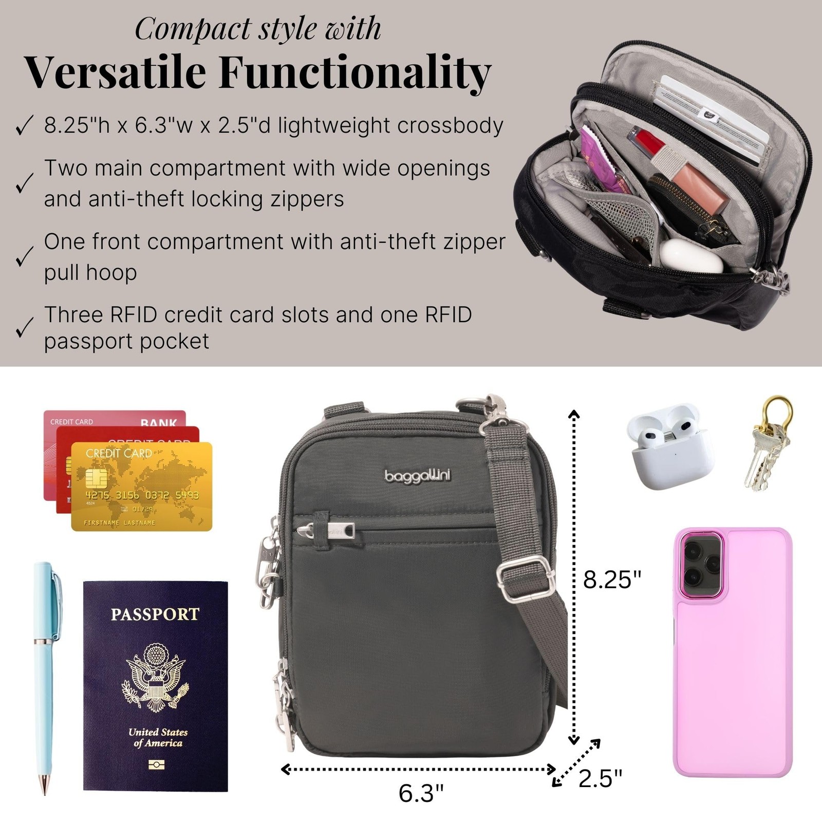 Baggallini Securtex Anti-Theft Mini Everything Crossbody One Size, Charcoal
