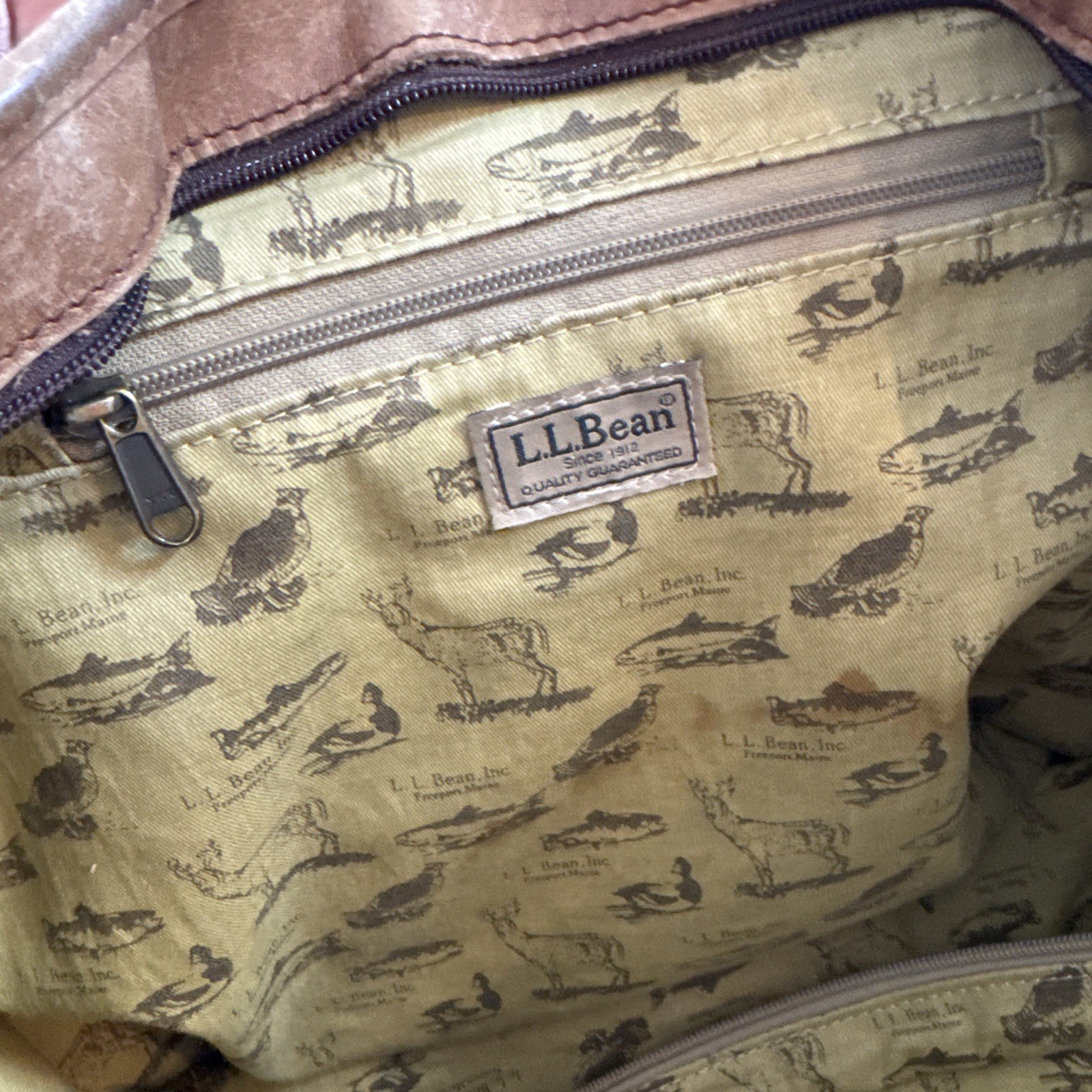 Vintage LL Bean Large Brown Leather Carryall Tote Bag Animal Print Lining