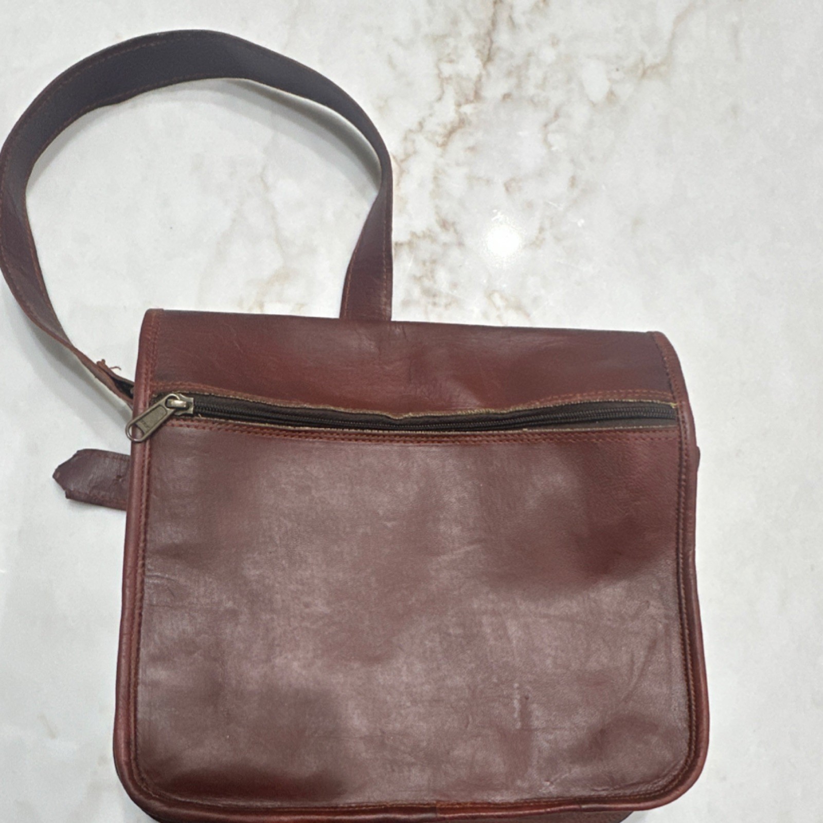 Brown leather Messenger Bag Adjustable Shoulder Strap Brass Hardware