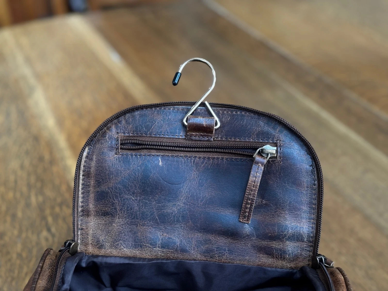 Medium size Grain Leather Dopp Kit Shaving Toiletry Travel Bag Dark Brown