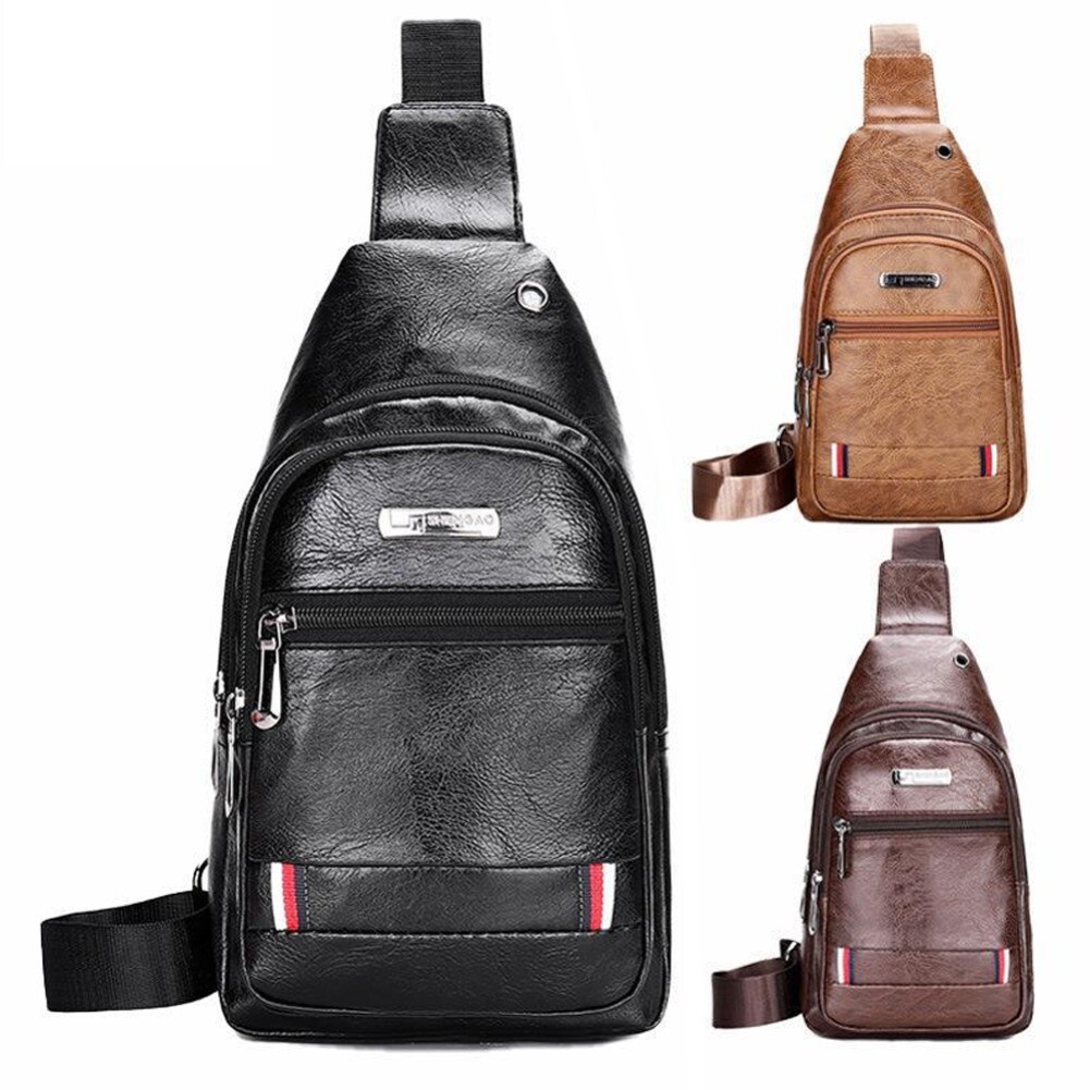 Men Leather Sling Bag Chest Shoulder Crossbody Backpack USB Charging Port Travel