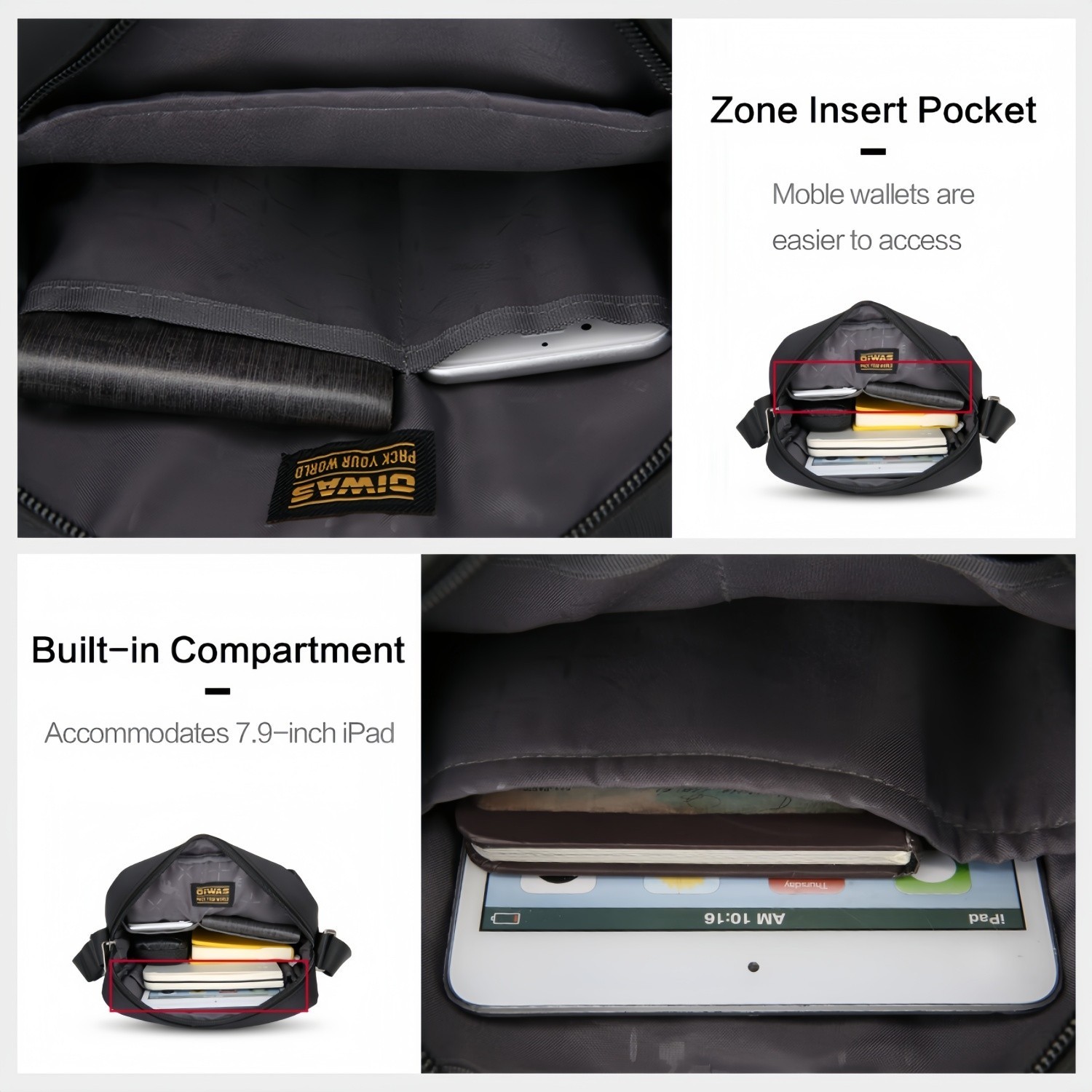 OIWAS Cross Body Bag Men Small Messenger Bag Shoulder Bag 7.9″ iPad Purse Black