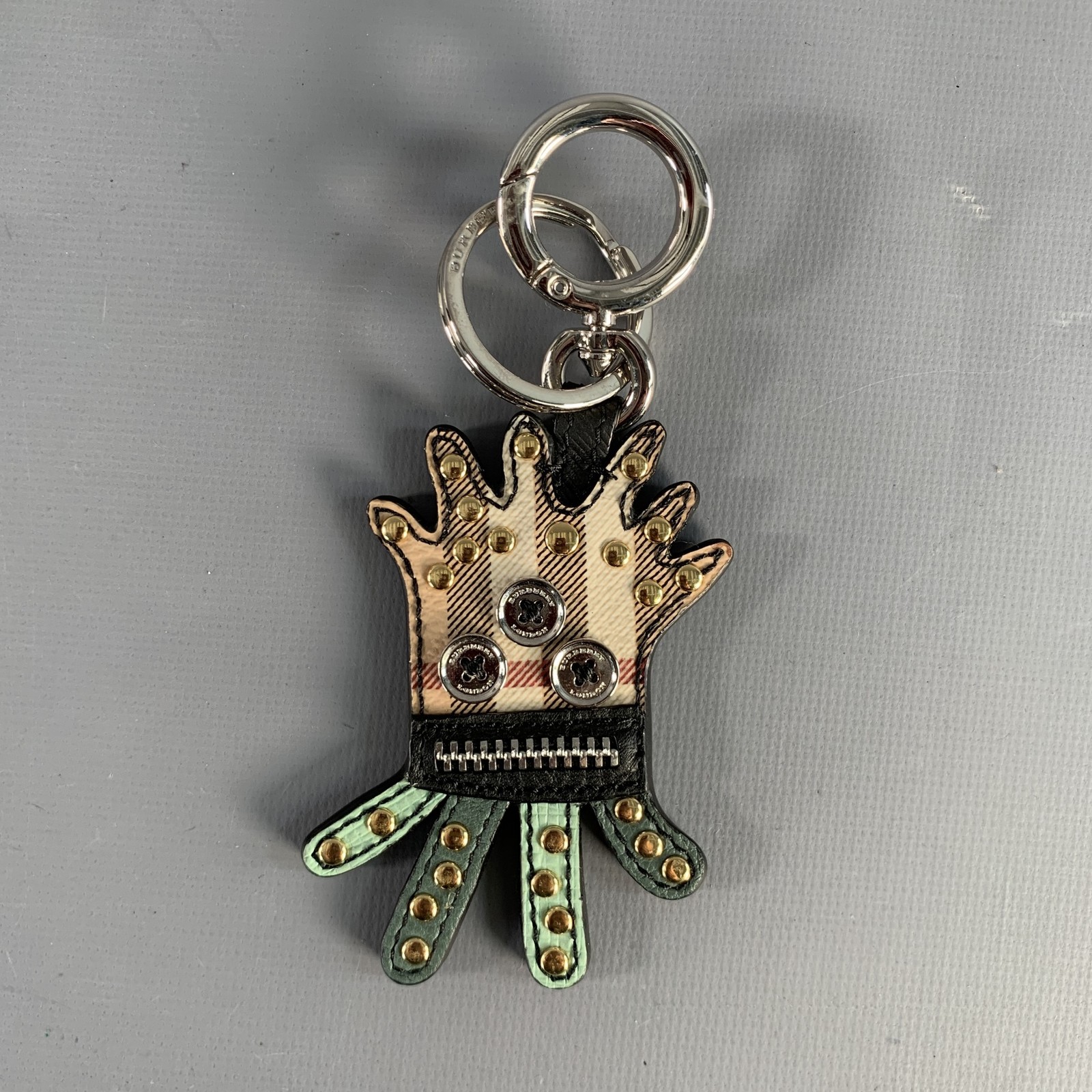 BURBERRY Multi Color Plaid Leather Metal Bag Charm