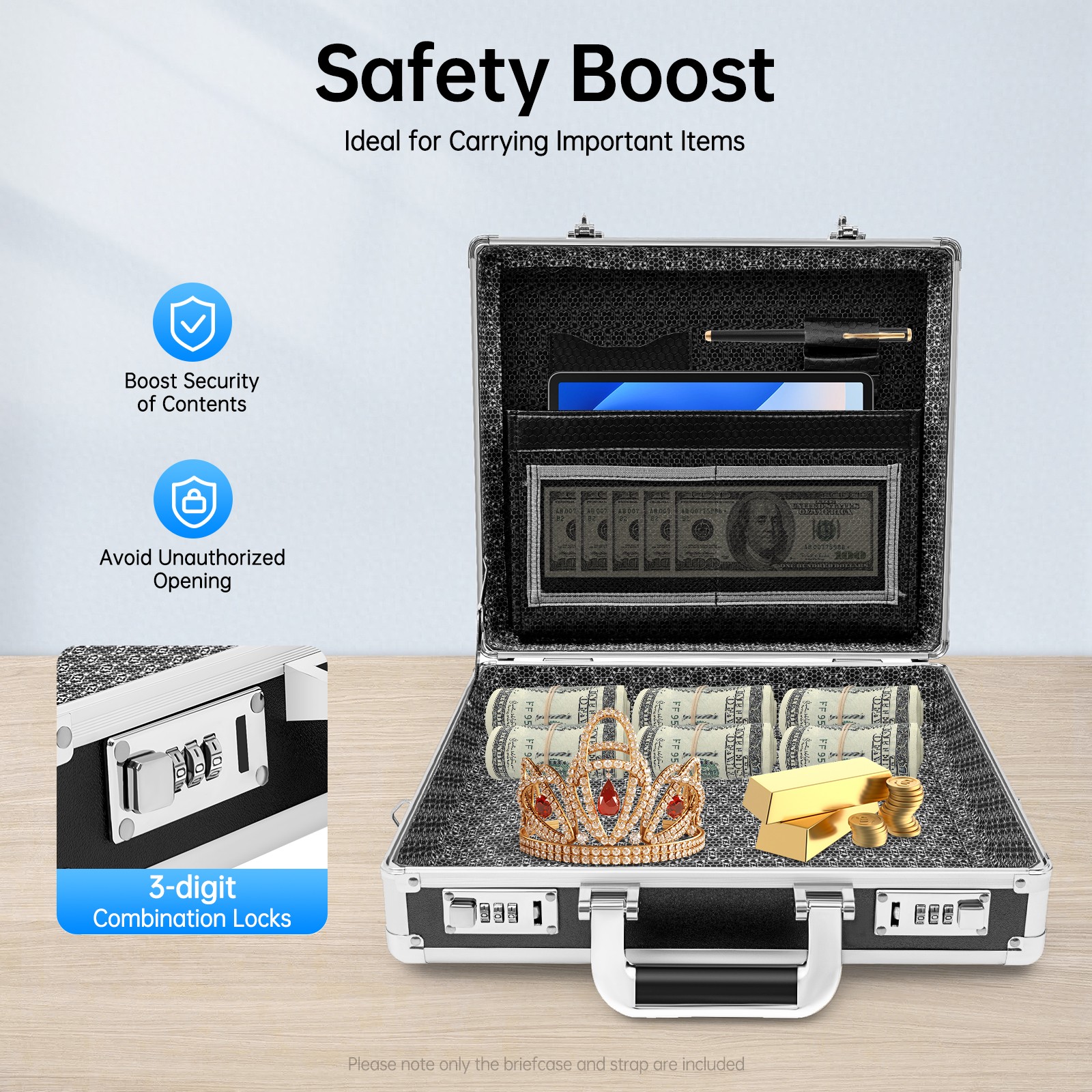 Aluminum Hard Case Big Capacity with Combination Lock Briefcase with Pocket New