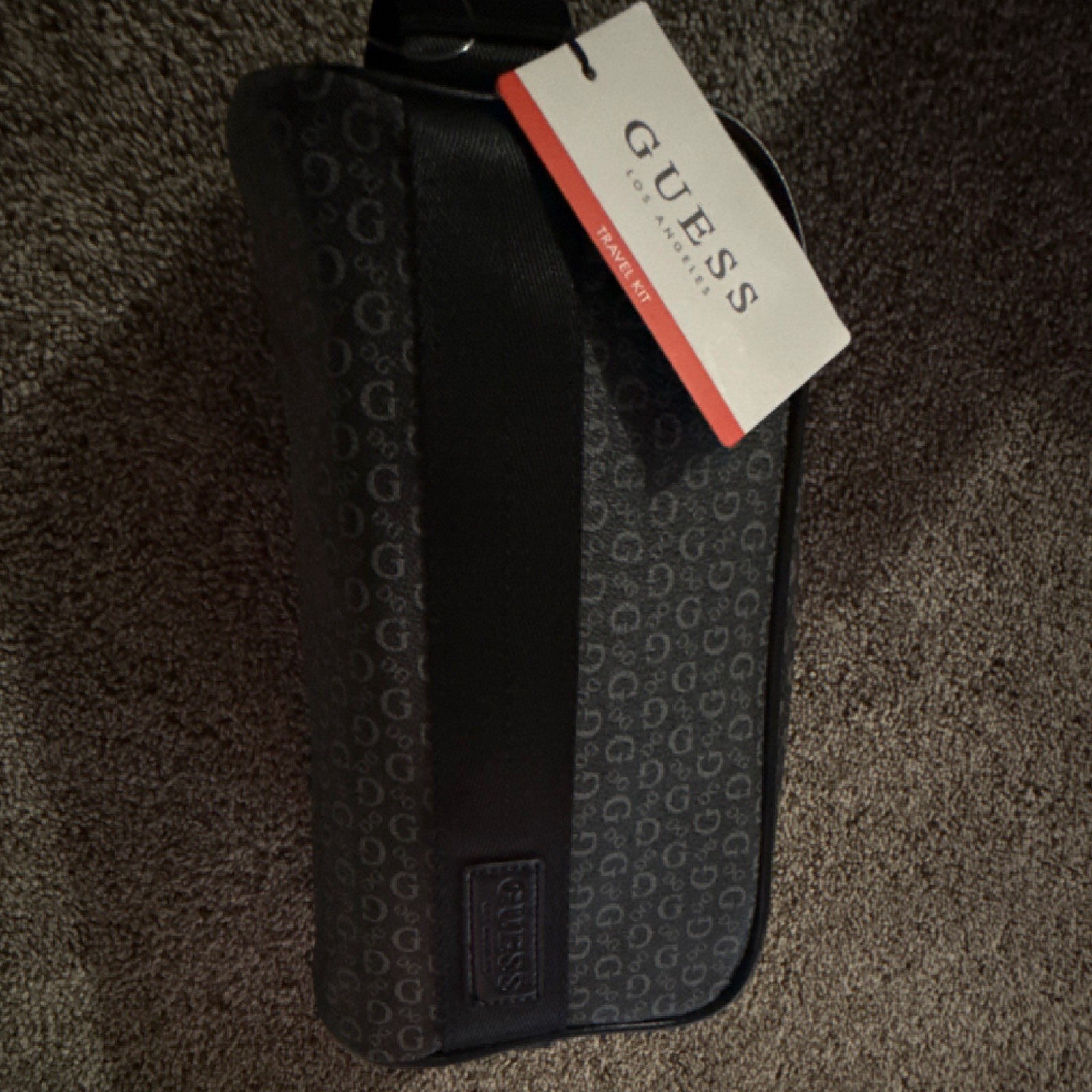 GUESS Logo Print Black Toiletry Bag for Men with Zip Closure