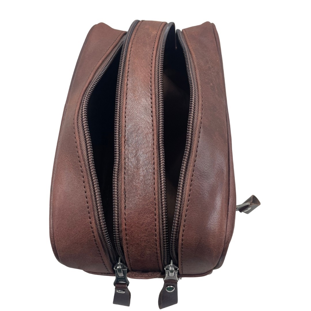 Premium Leather Toiletry Bag for Men – Compact Double Zipper Travel Dopp Kit