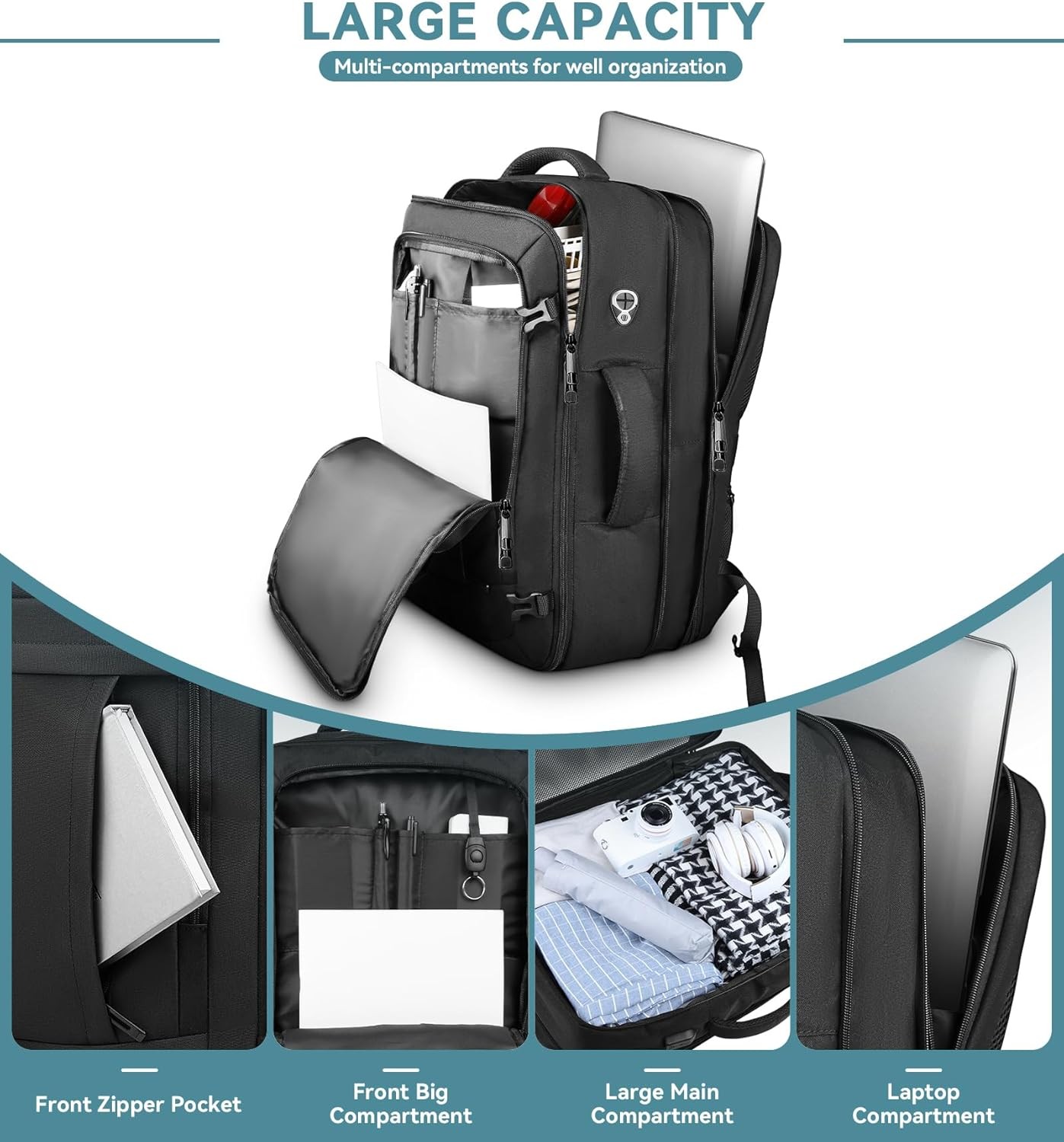 50L Expandable Travel Backpack 17 Inch Laptop Carry On Water Resistant Black