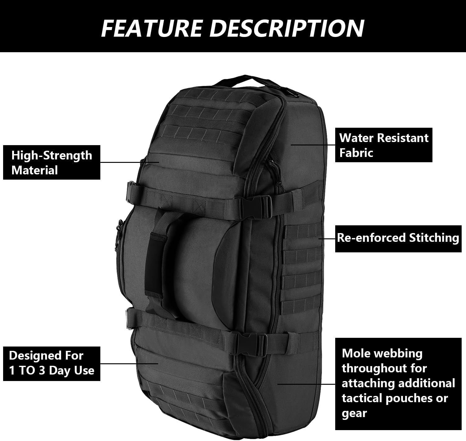 Hannibal Tactical 65L Duffle Backpack 3 in 1 Black
