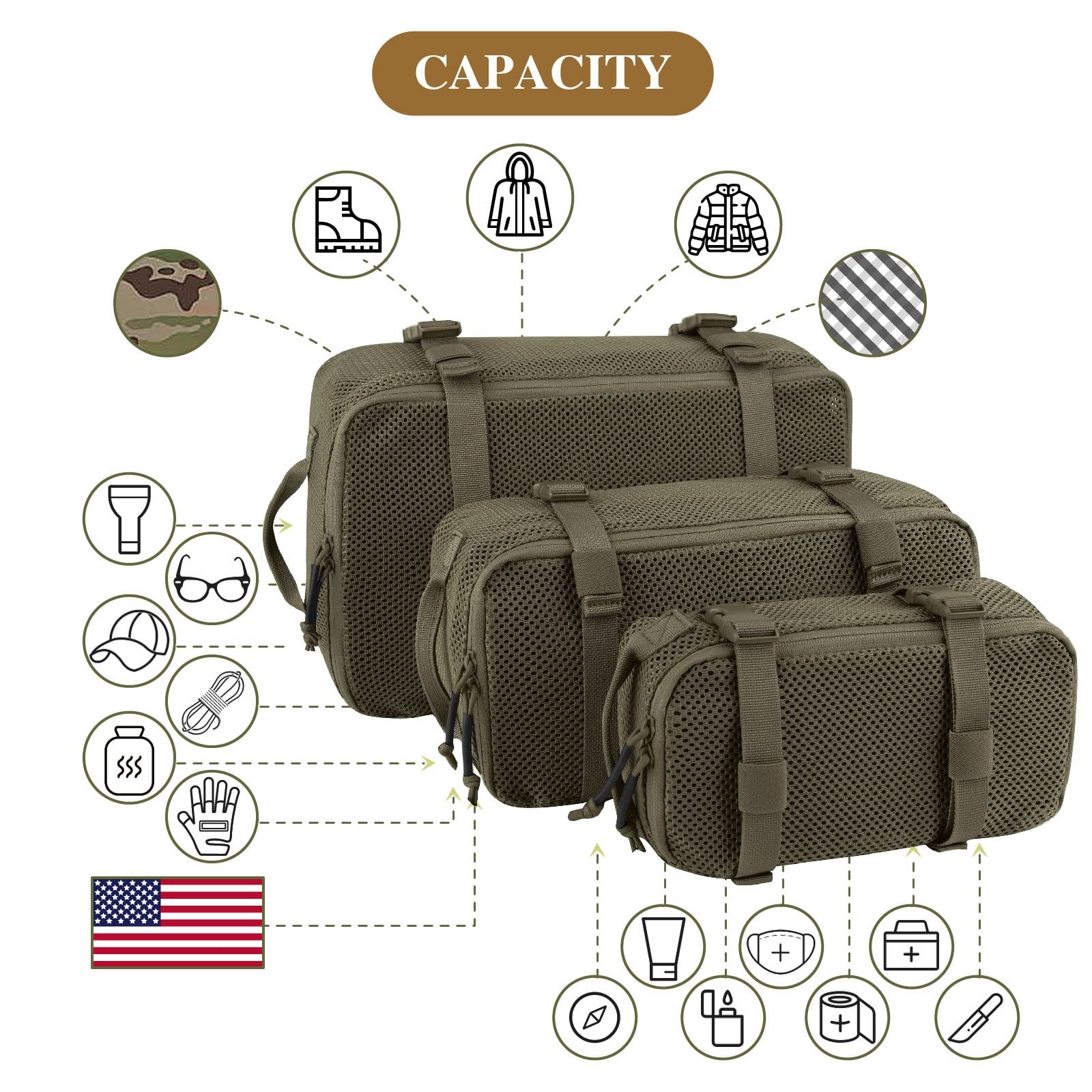 3 PCS Tactical Modular Packing Cubes, Large Capacity Mesh Storage Duffel Bag,…