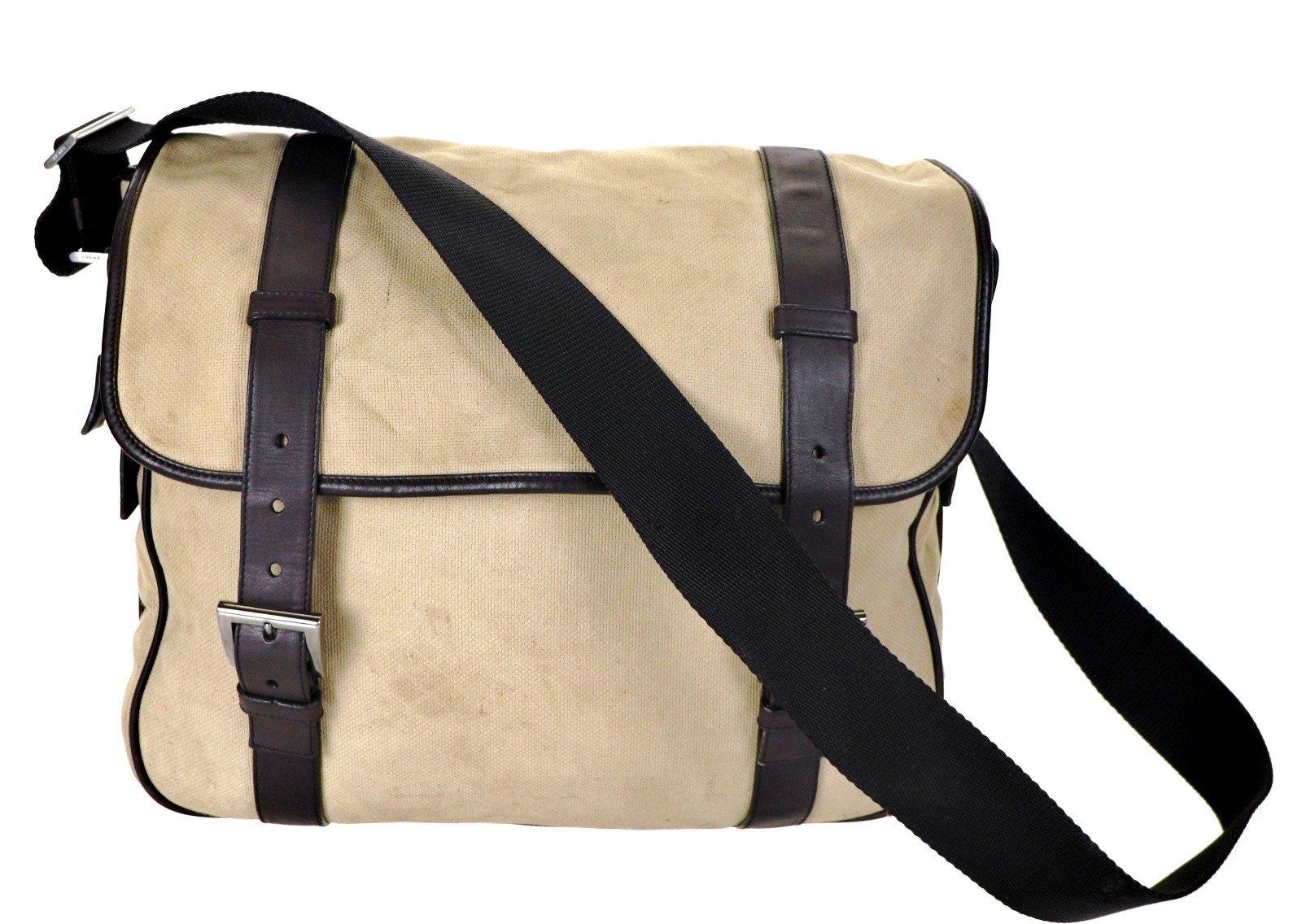 Vintage PRADA Beige Brown Canvas Leather Messenger Crossbody Bag Italy