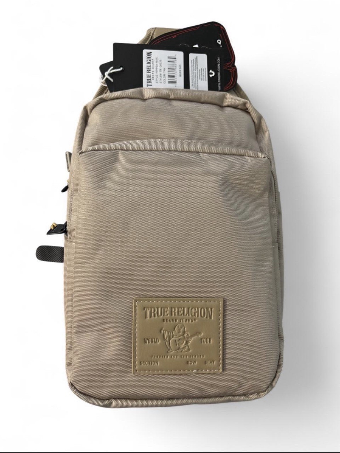 True Religion Men’s Beige Crossbody Sling Bag Zip Closure Adjustable Strap