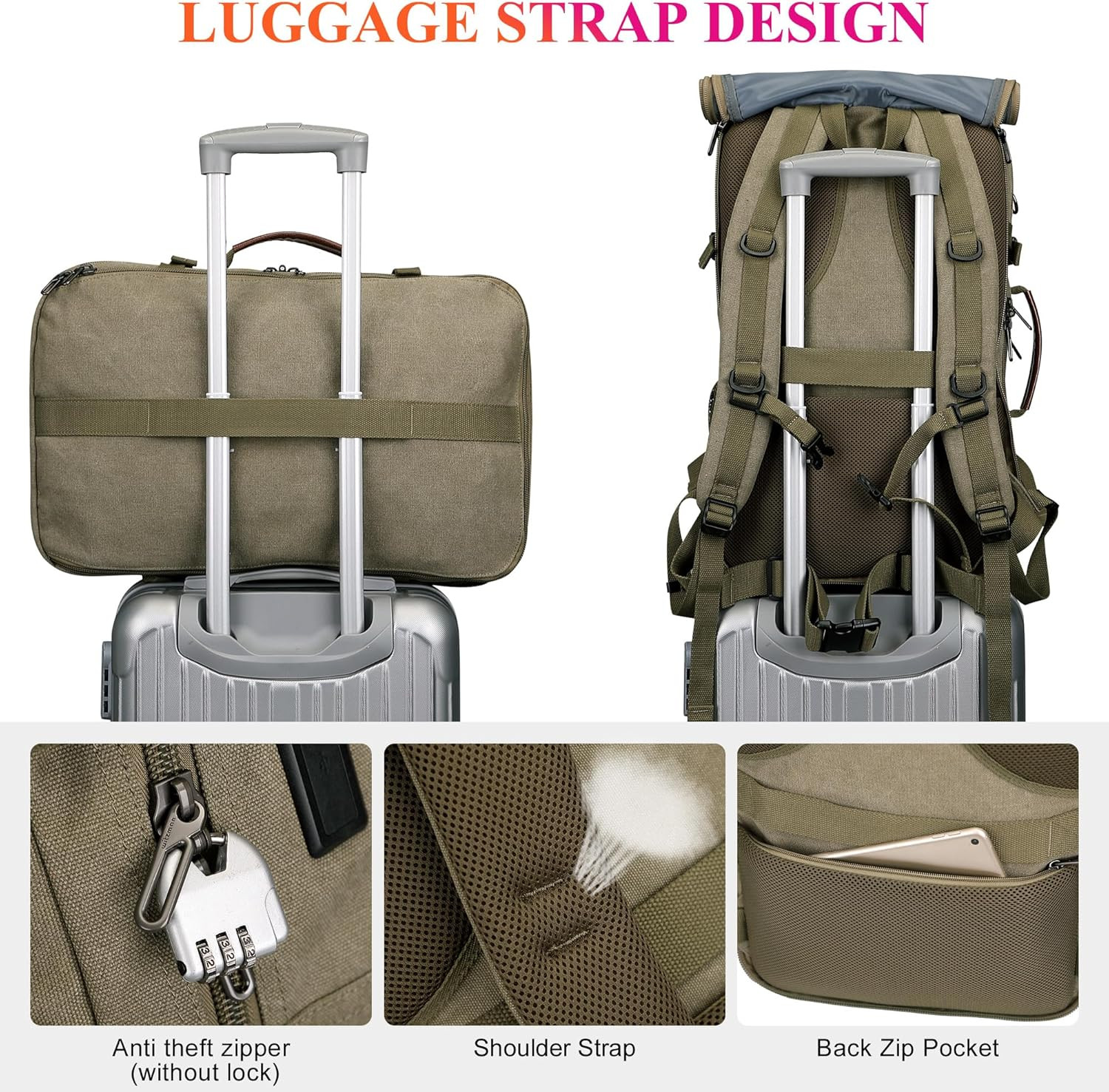 40L Convertible Travel Backpack for Men – Army Green Laptop Bag