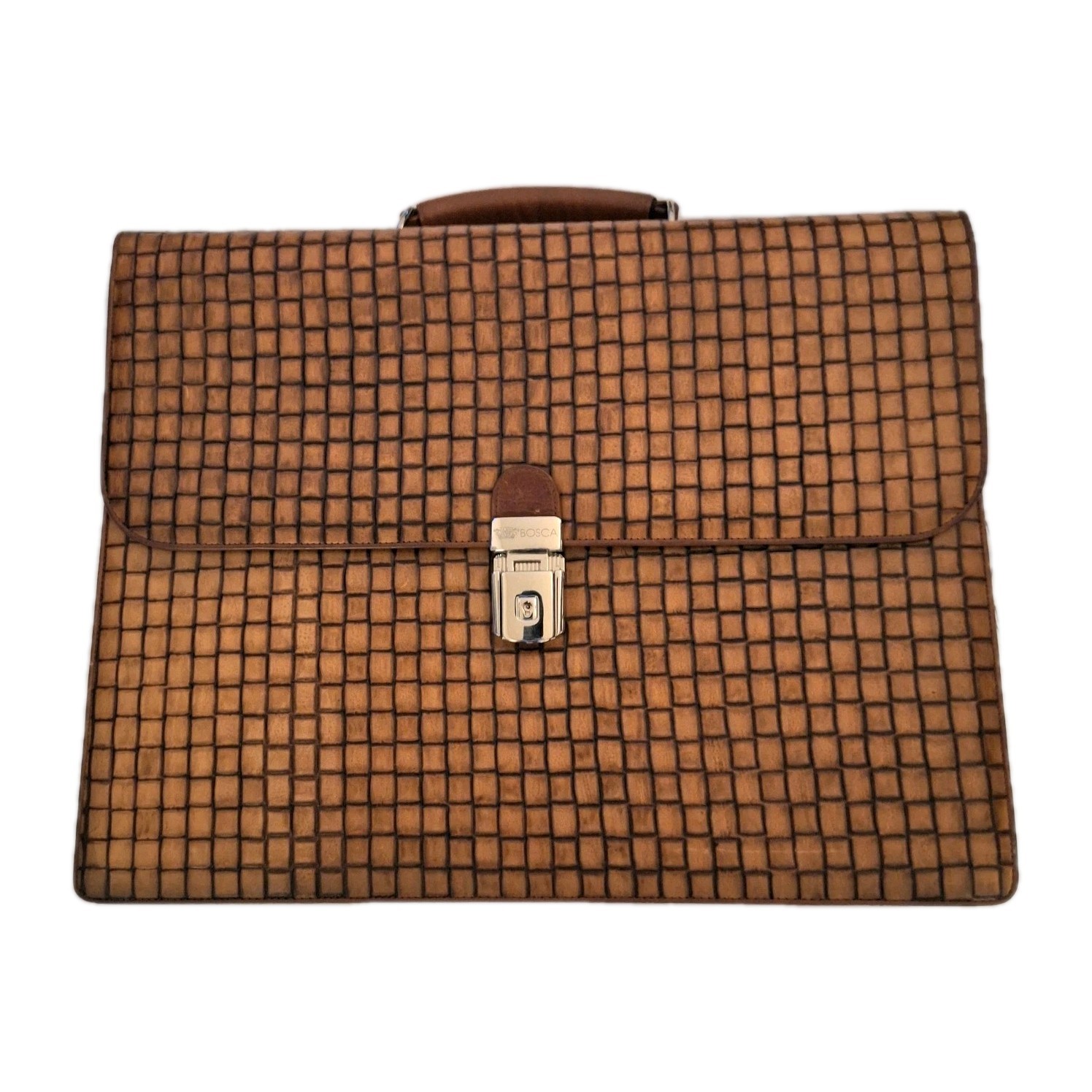 Vintage Italy Bosca Night Flight Double Flex Briefcase Brown Leather Basketweave