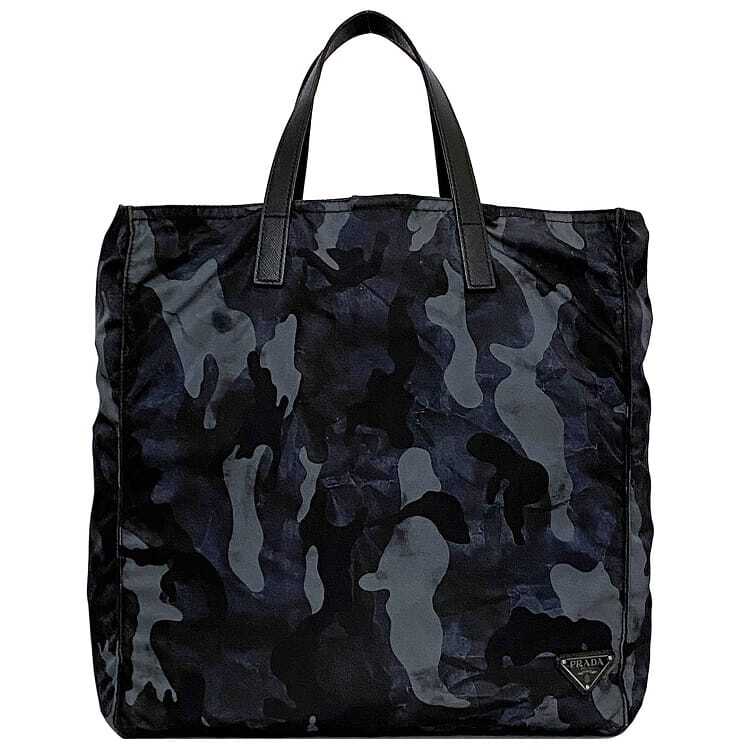Prada tote bag navy black testuto camouflage triangle logo plate nylon leather