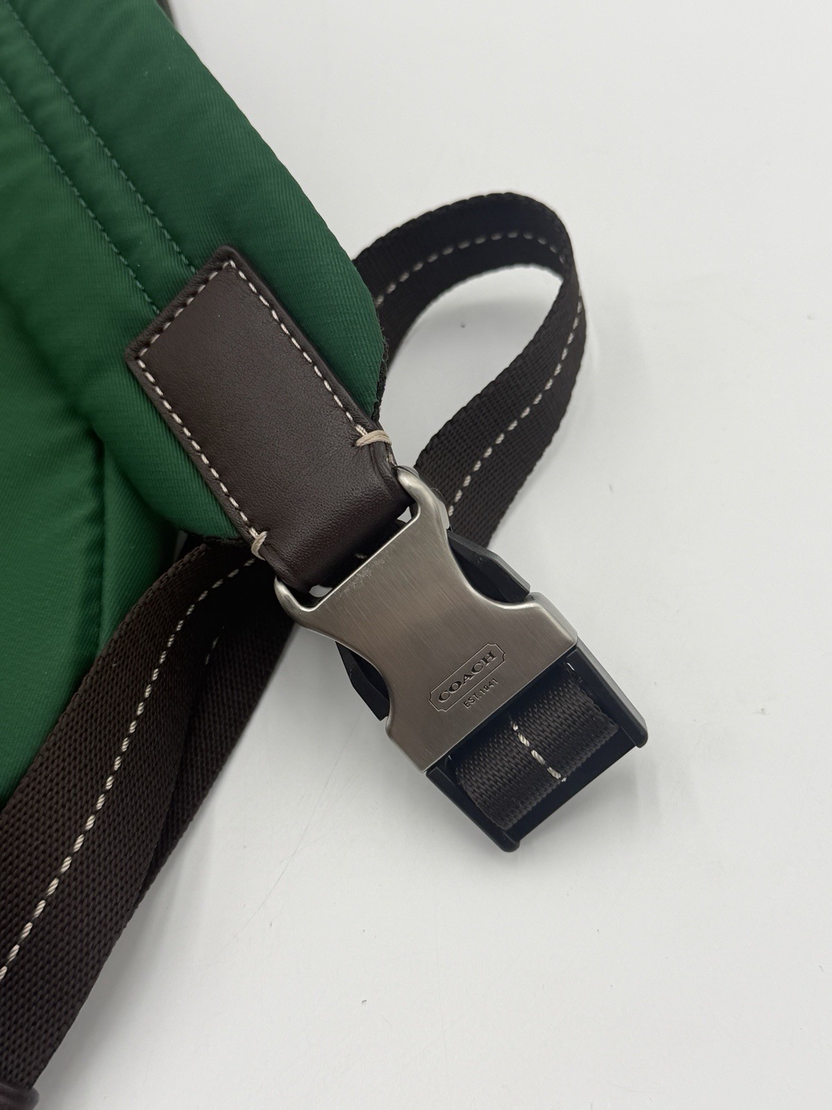 Coach Varick Nylon Sling Pack F70692 Green Brown Leather Crossbody Backpack Bag