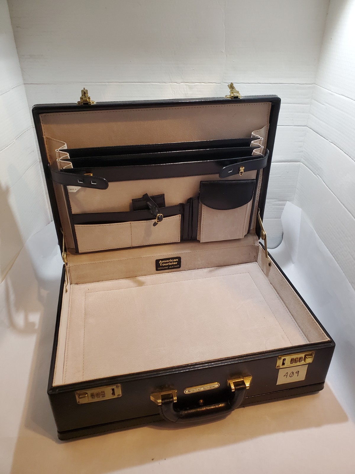 American Tourister Leather Briefcase Attache Expandable Hard Case 2-sided