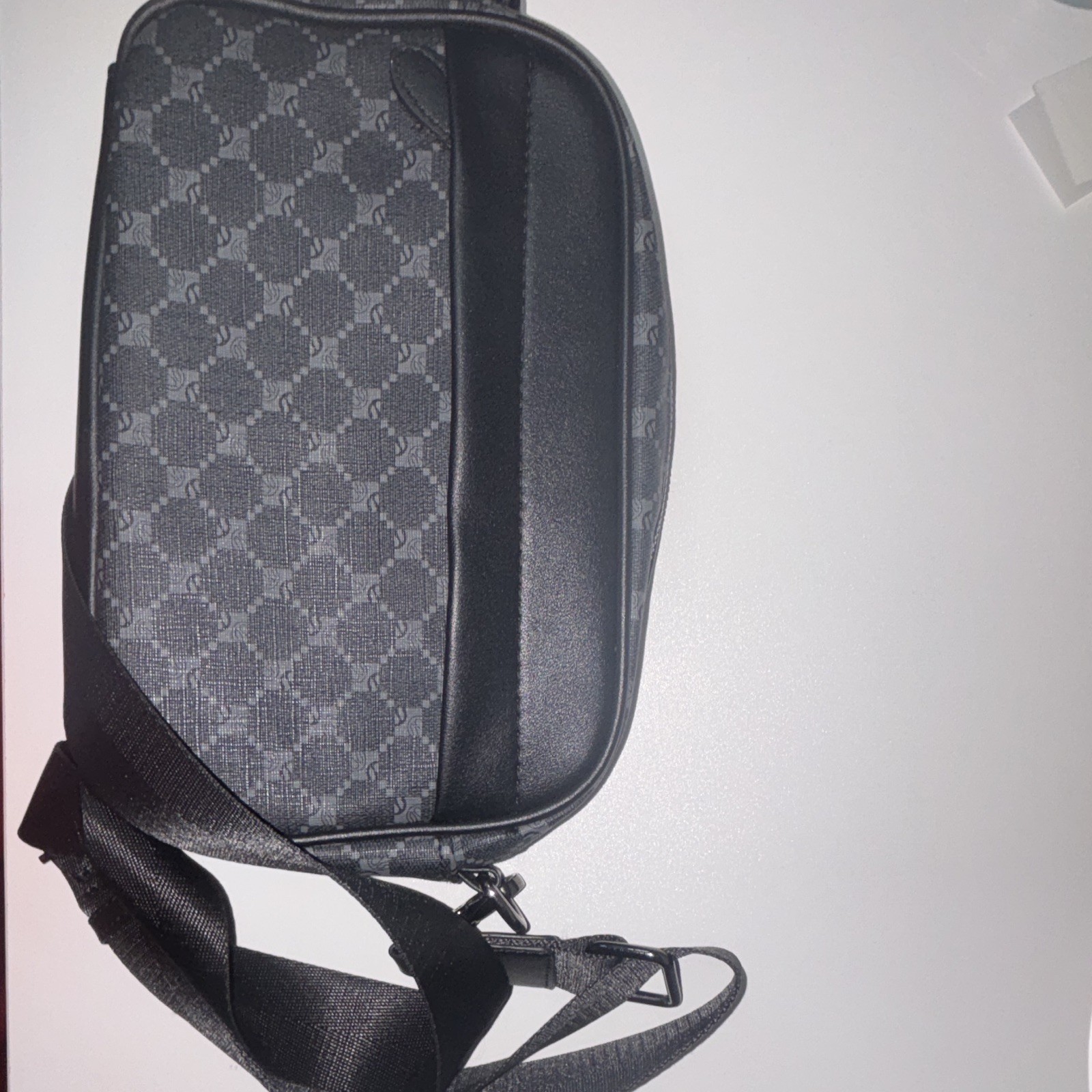 Men’s Black/Gray Checkered Crossbody Bag Small Zip Closure Adjustable Strap
