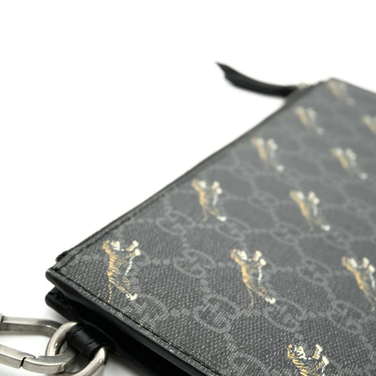 Gucci GG Supreme Tiger Print Clutch Bag Pouch Black PVC Leather Used