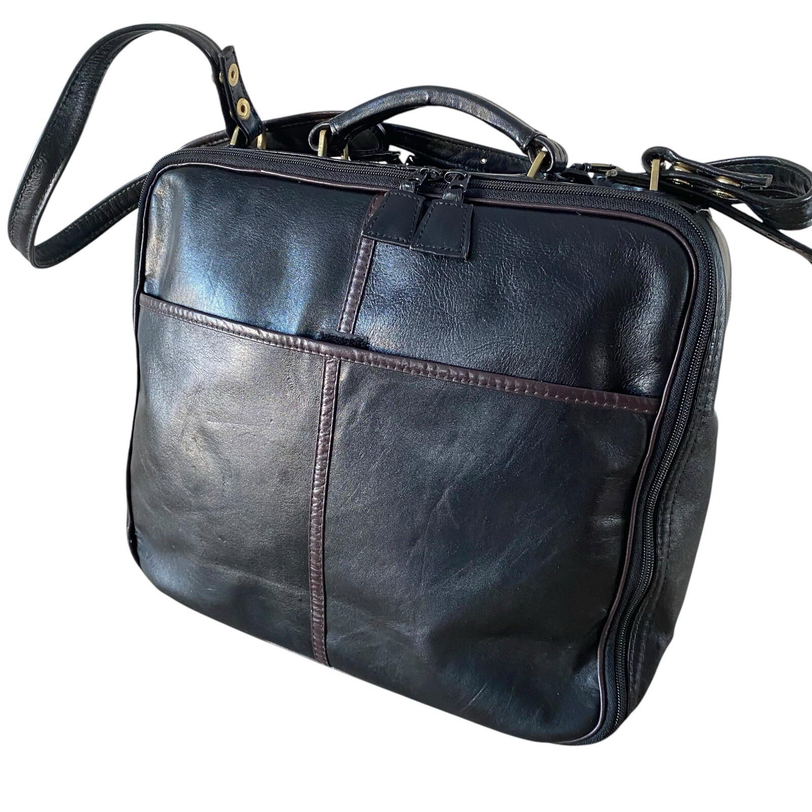 Land VTG Leather Bag Black Travel Business Carry On Shoulder Strap Zip Around