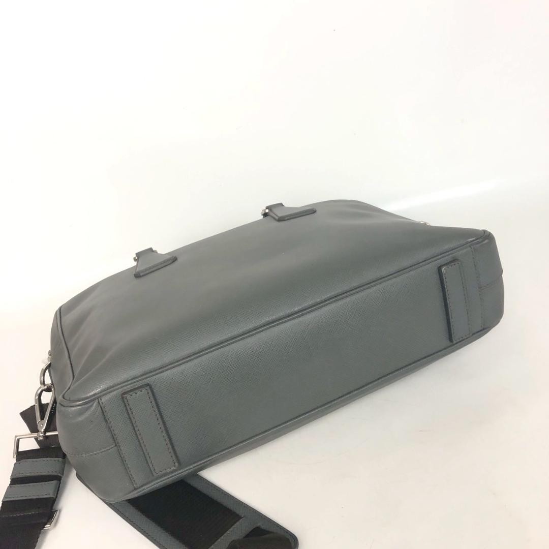 Prada Saffiano Briefcase Business Bag Leather Tote Messenger Shoulder Bag Gray