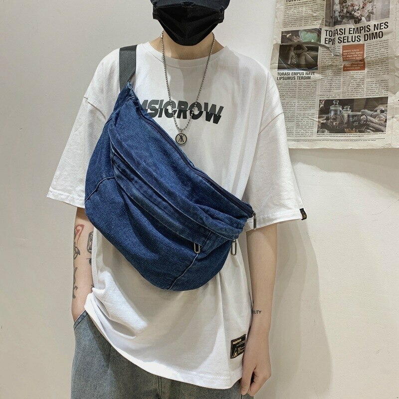 New Denim Large Capacity Crossbody Shoulder Bag Men Women Hip Hop Belt Bag