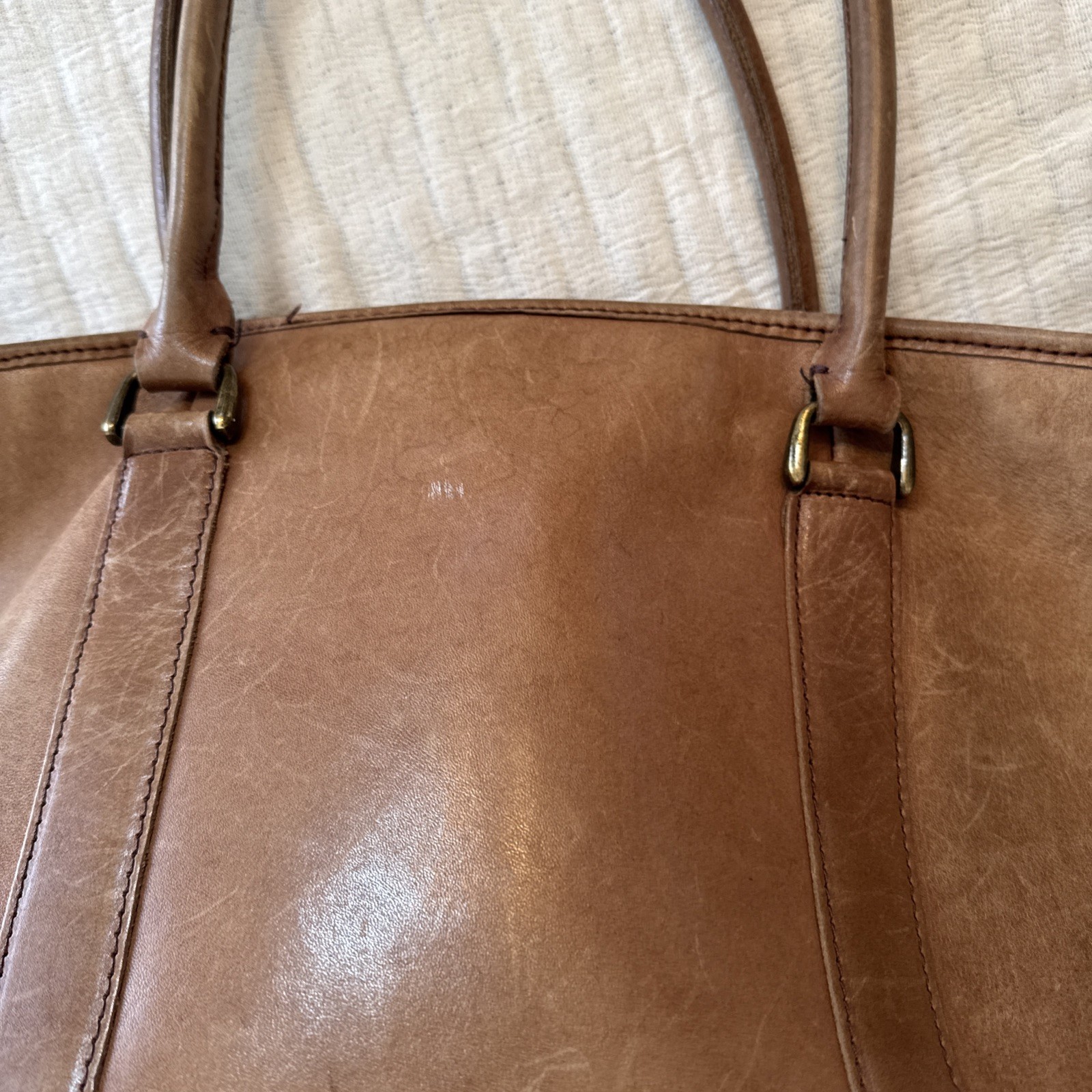 Vintage LL Bean Large Brown Leather Carryall Tote Bag Animal Print Lining