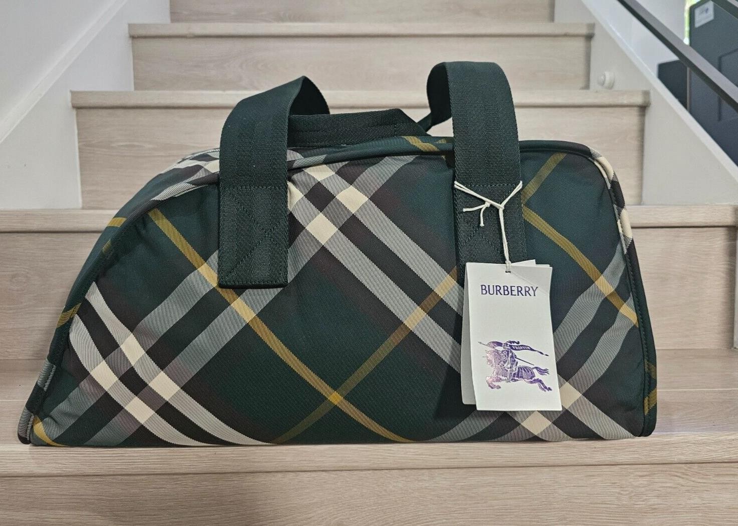 Burberry 80806051 Shield Checked Motif Travel Duffle Gym Bag Ivy Green RRP$2890