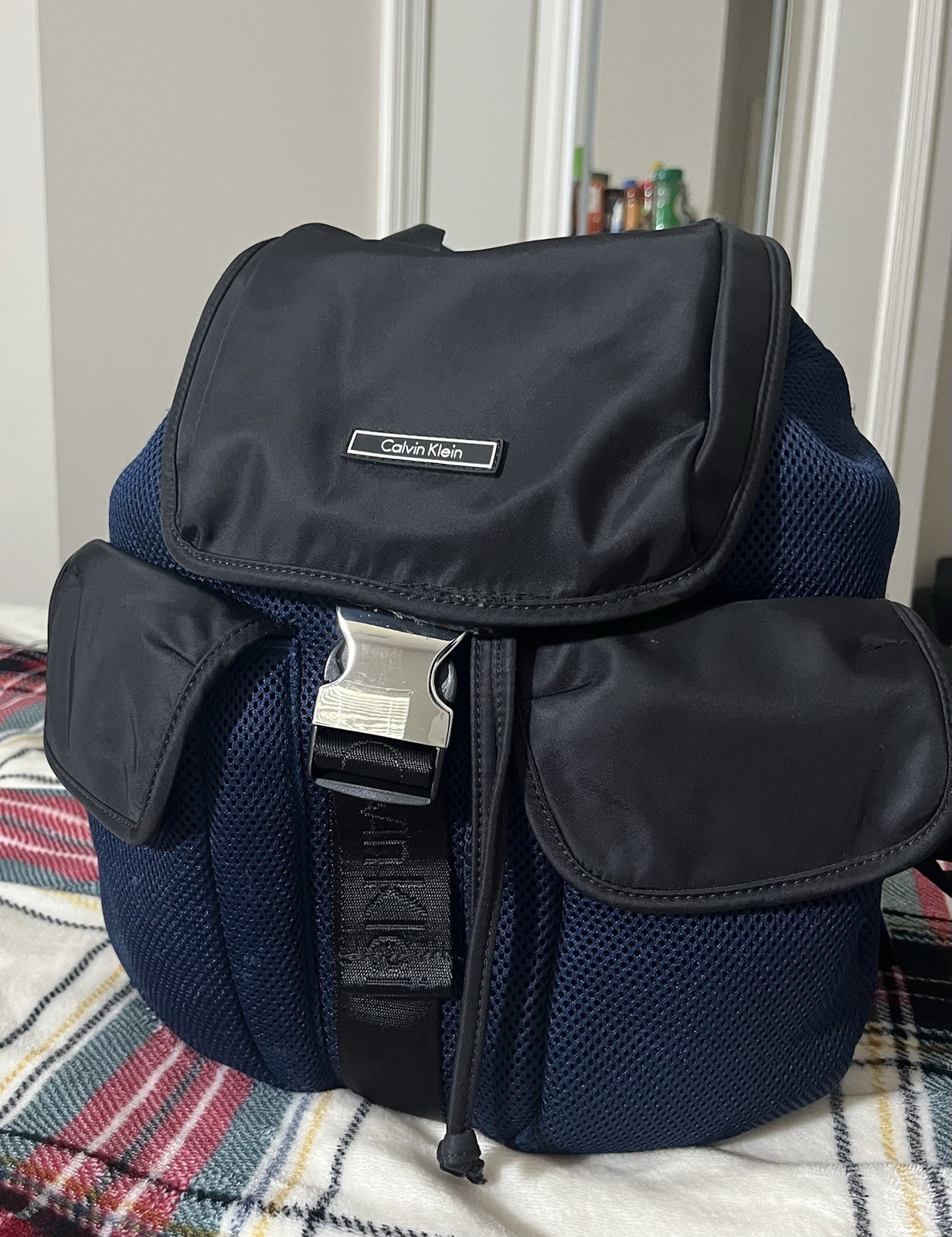 Calvin Klein Blue/Black Small Backpack Drawstring Buckle, Pockets, Lined