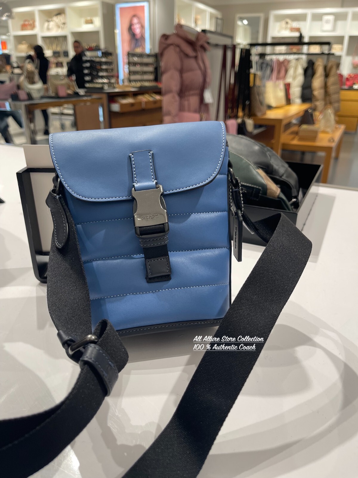 Coach Men Track SkyBlue Leather Crossbody Small Flap Quilting Shoulder Bag